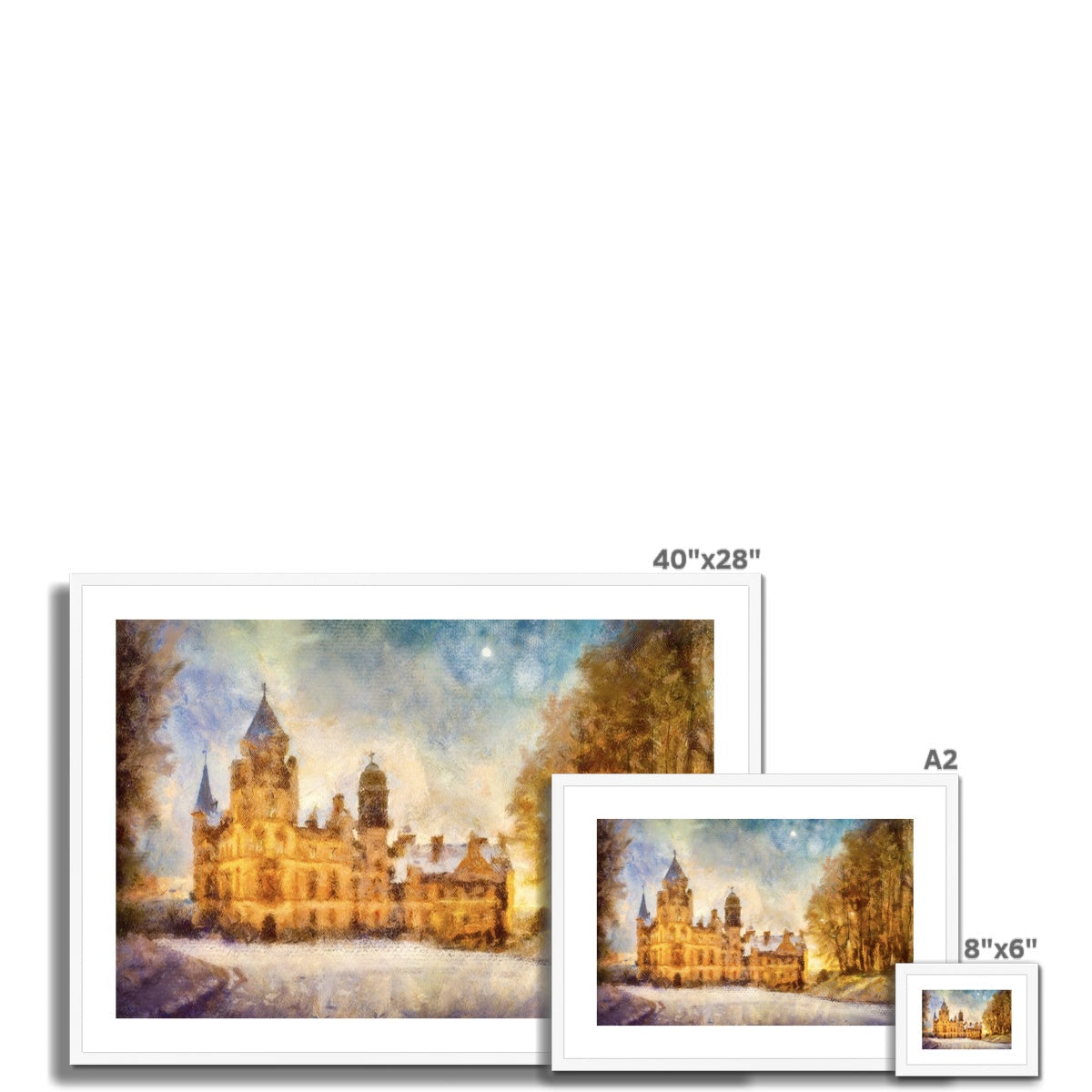 Three framed art prints of Dunrobin Castle in a snowy landscape for Moonlight Framed Print