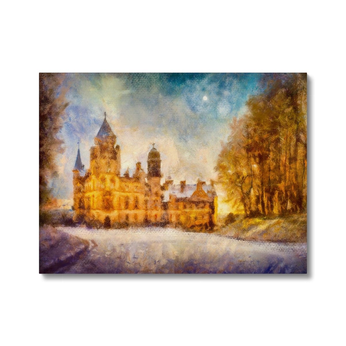 Dunrobin Castle Moonlight Painting | Canvas From Scotland-Contemporary Stretched Canvas Prints-Scottish Castles Art Gallery-24"x18"-Paintings, Prints, Homeware, Art Gifts From Scotland By Scottish Artist Kevin Hunter