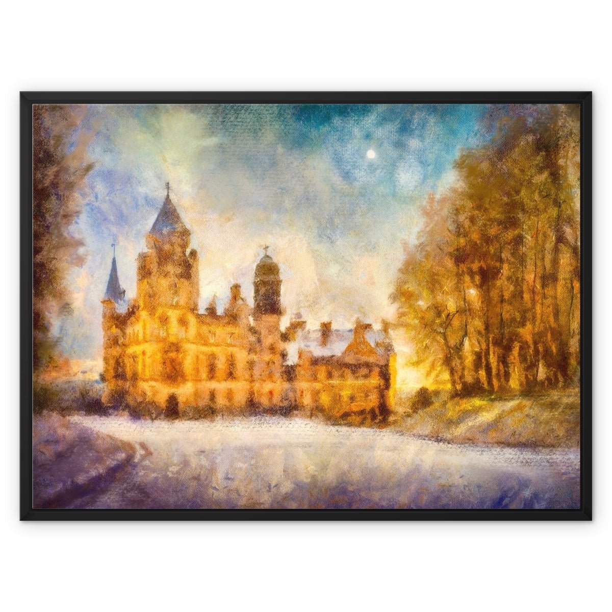 Dunrobin Castle Moonlight Painting | Framed Canvas From Scotland-Floating Framed Canvas Prints-Historic & Iconic Scotland Art Gallery-32"x24"-Black Frame-Paintings, Prints, Homeware, Art Gifts From Scotland By Scottish Artist Kevin Hunter