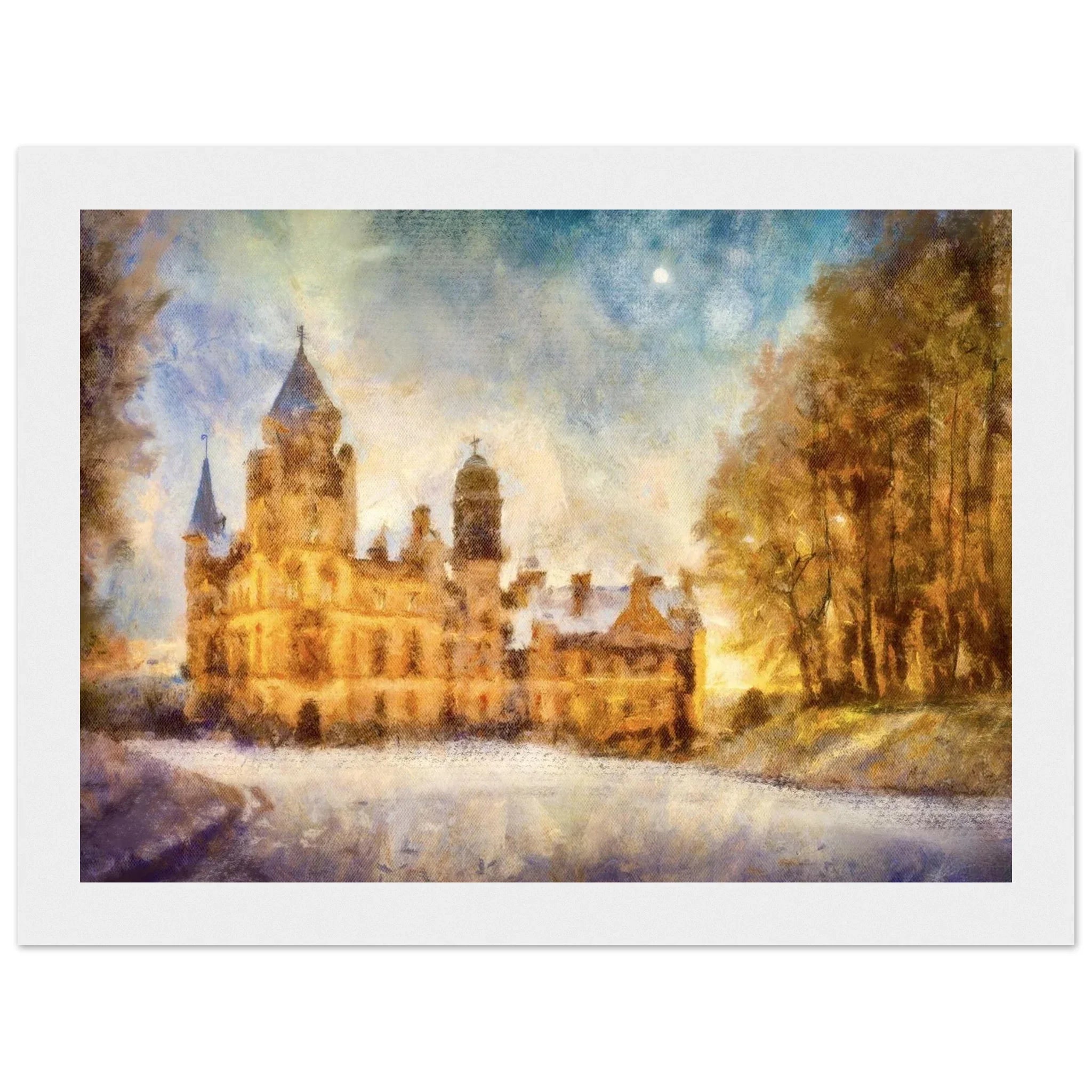 Watercolor of Dunrobin Castle in Scotland, golden stone towers against blue sky