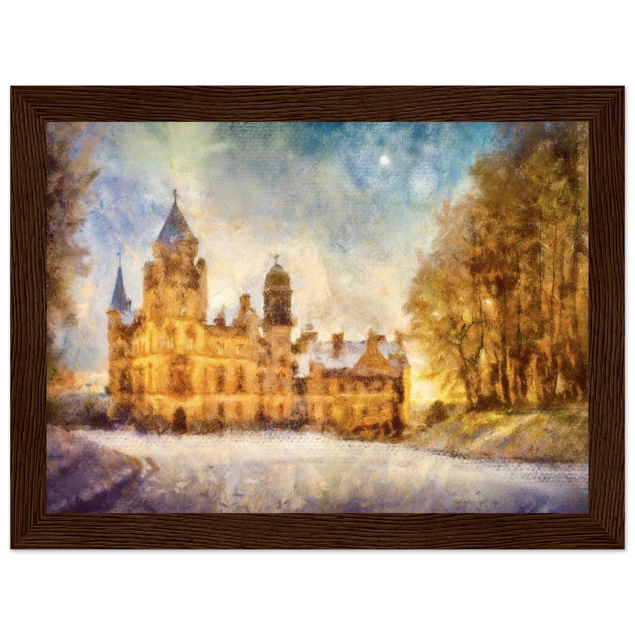 Framed Dunrobin Castle painting in golden hues against twilight sky