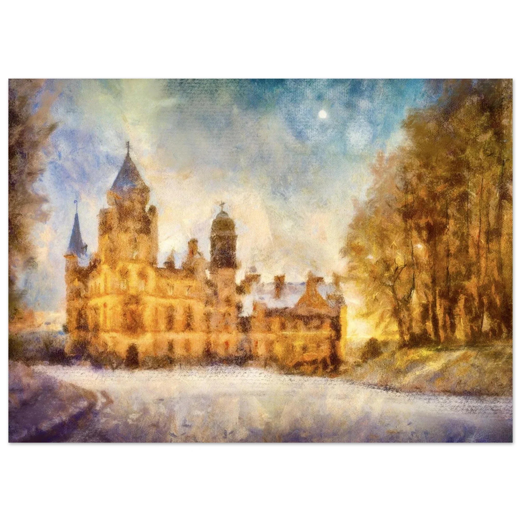 Dunrobin Castle in snowy Scottish twilight landscape