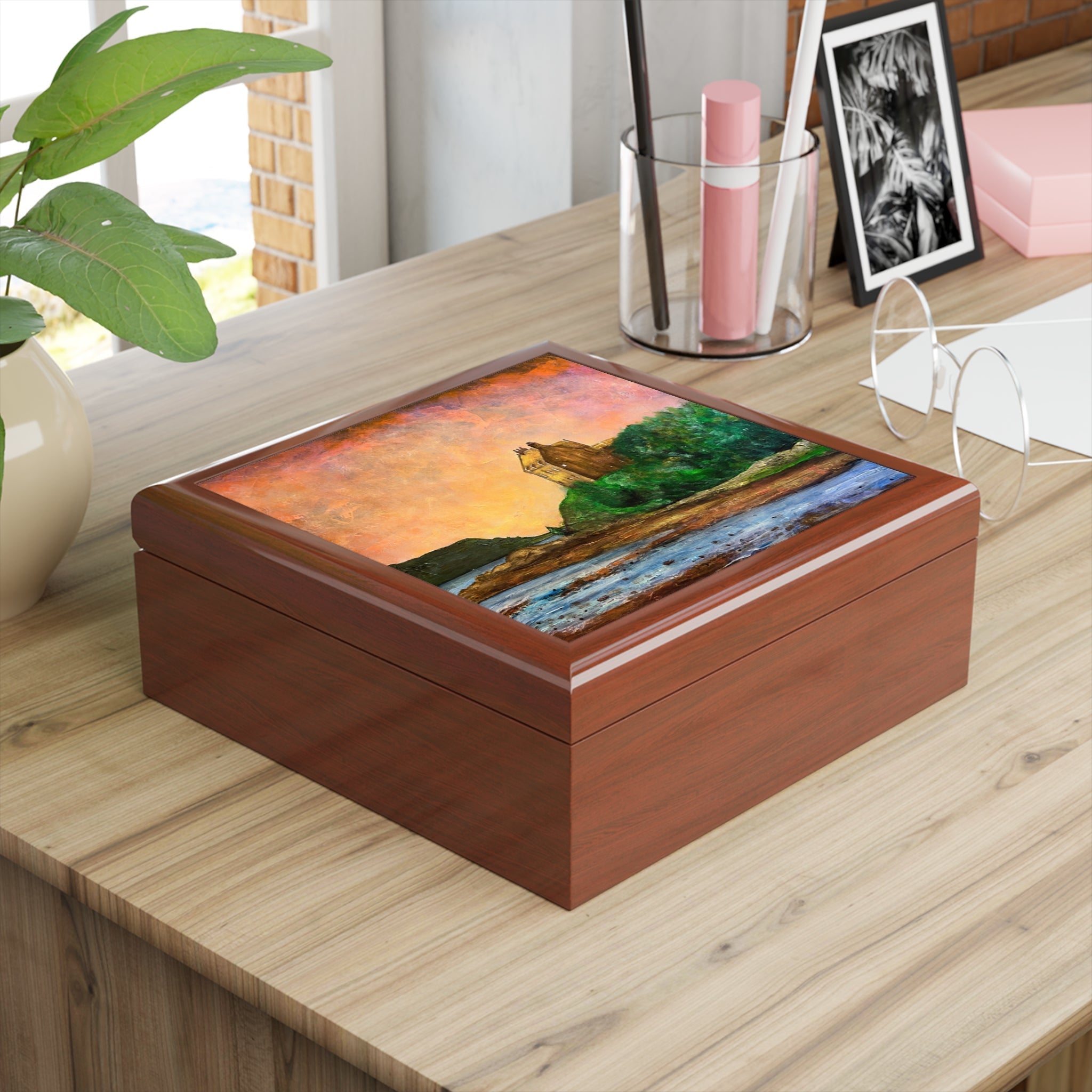 Wooden keepsake box with vibrant landscape painting on lid Duntrune Castle Art Jewellery Box