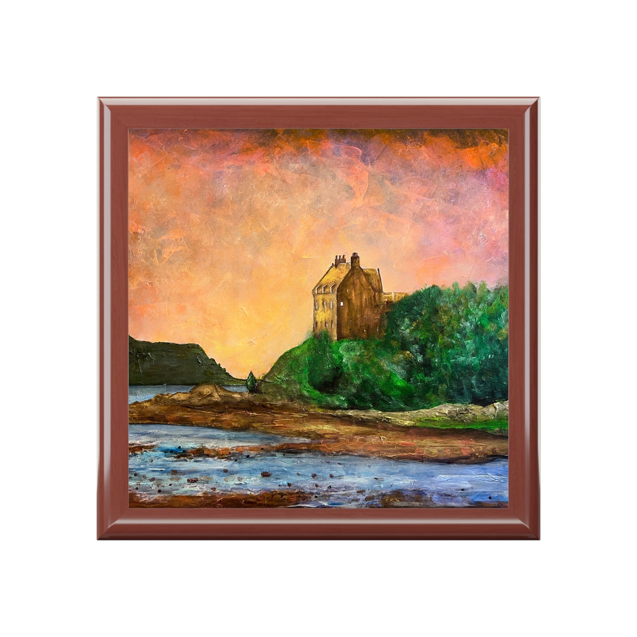 Framed coastal landscape painting with a building on a hill for Duntrune Castle Art Jewellery Box