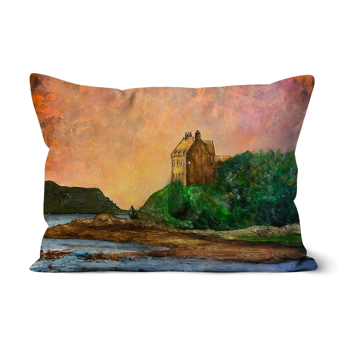 Oblong Duntrune Castle Cushion with painterly landscape and castle on hill overlooking water