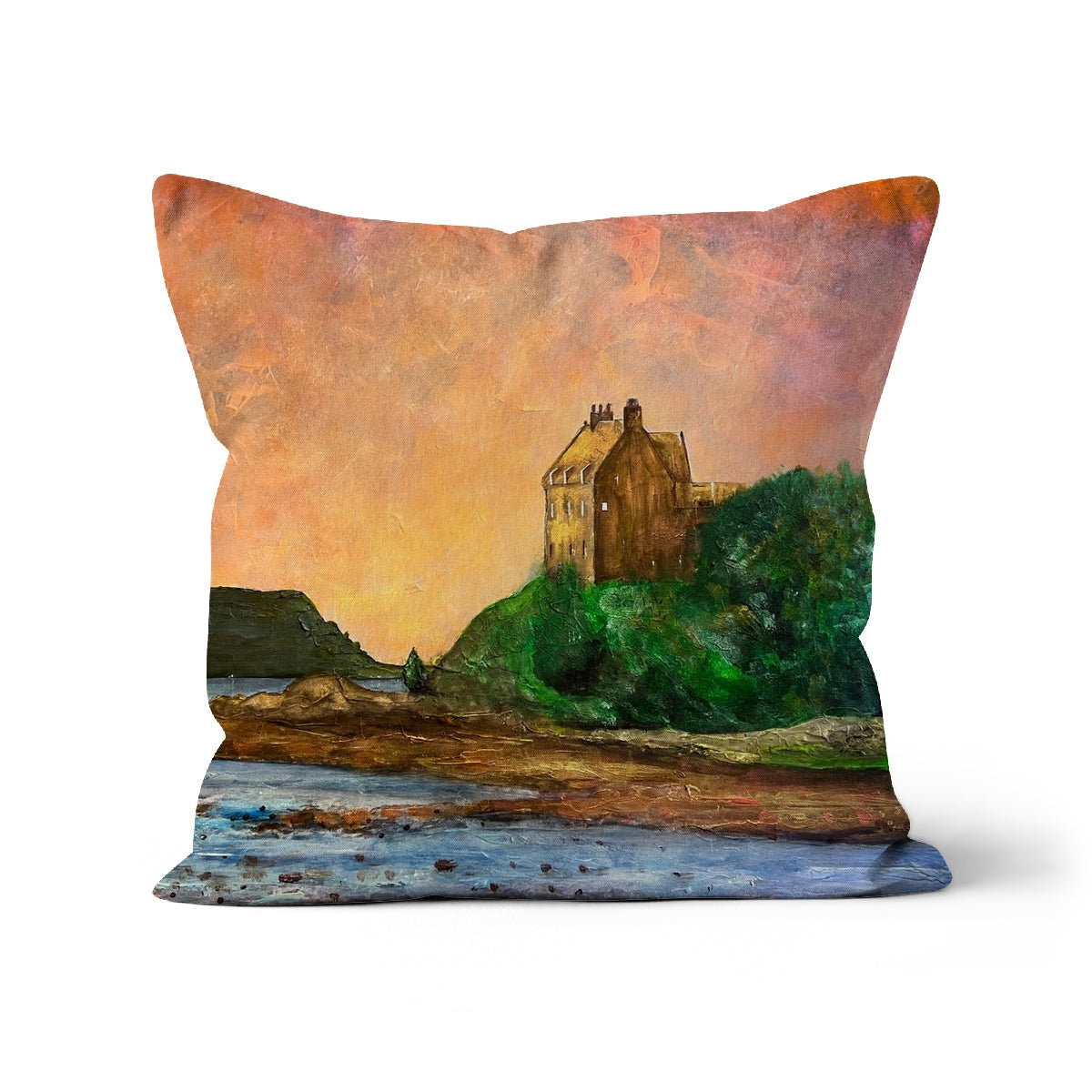 Duntrune Castle Cushion with painted landscape of a castle on a hill overlooking water