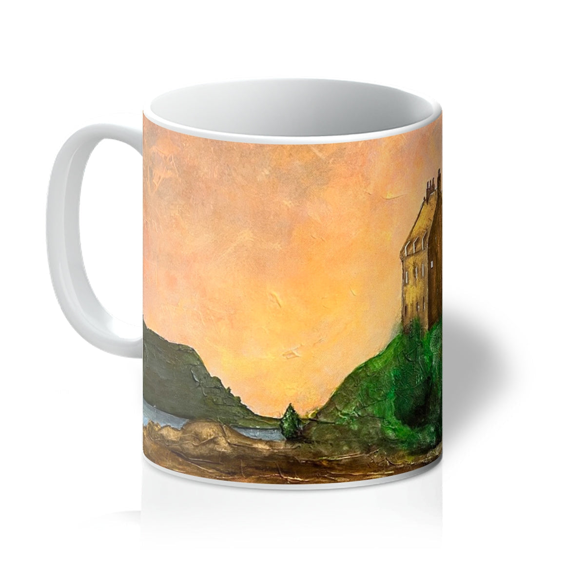 White ceramic Duntrune Castle Mug with oil painting-style landscape print