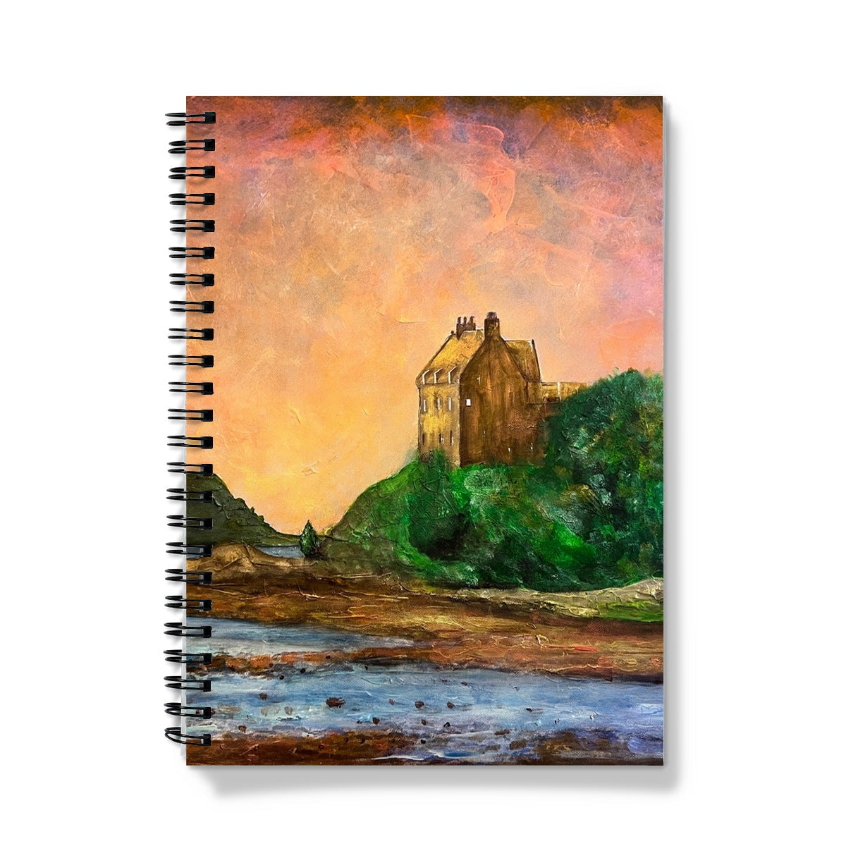 Spiral-bound Duntrune Castle Notebook with sunset painting of a castle on a hill