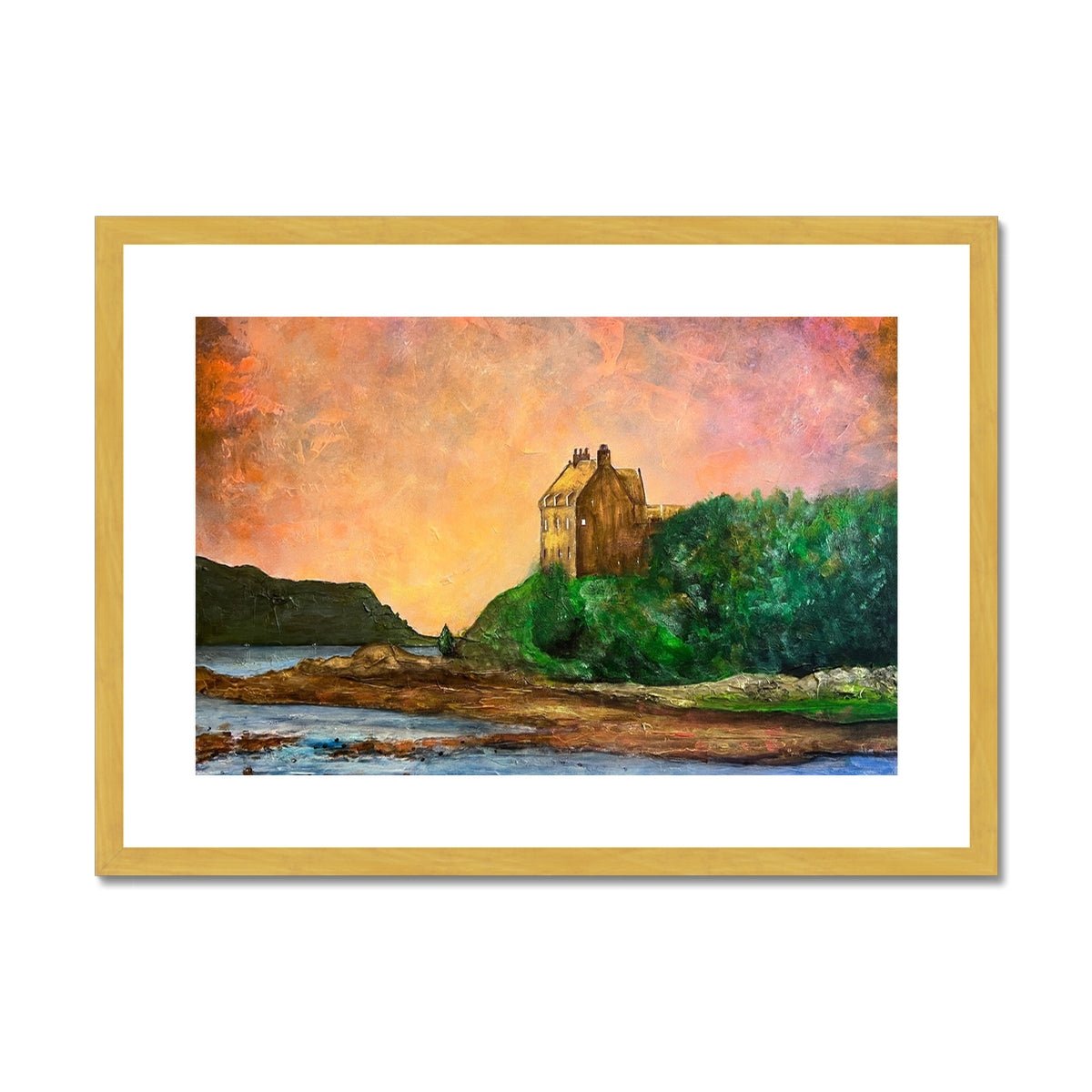 Duntrune Castle Painting | Antique Framed & Mounted Prints From Scotland-Antique Framed & Mounted Prints-Historic & Iconic Scotland Art Gallery-A2 Landscape-Gold Frame-Paintings, Prints, Homeware, Art Gifts From Scotland By Scottish Artist Kevin Hunter