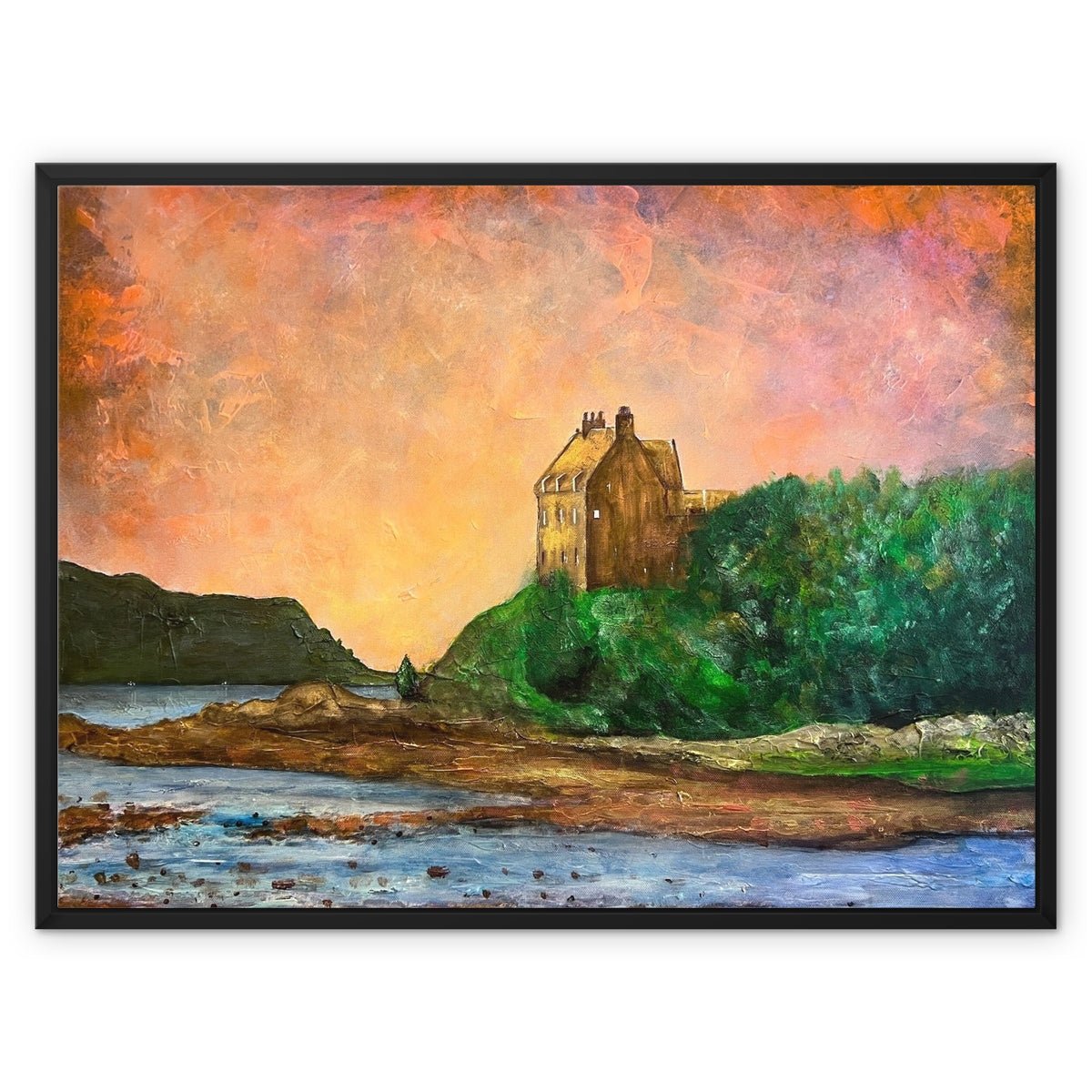 Duntrune Castle Painting | Framed Canvas From Scotland-Floating Framed Canvas Prints-Scottish Castles Art Gallery-32"x24"-Black Frame-Paintings, Prints, Homeware, Art Gifts From Scotland By Scottish Artist Kevin Hunter