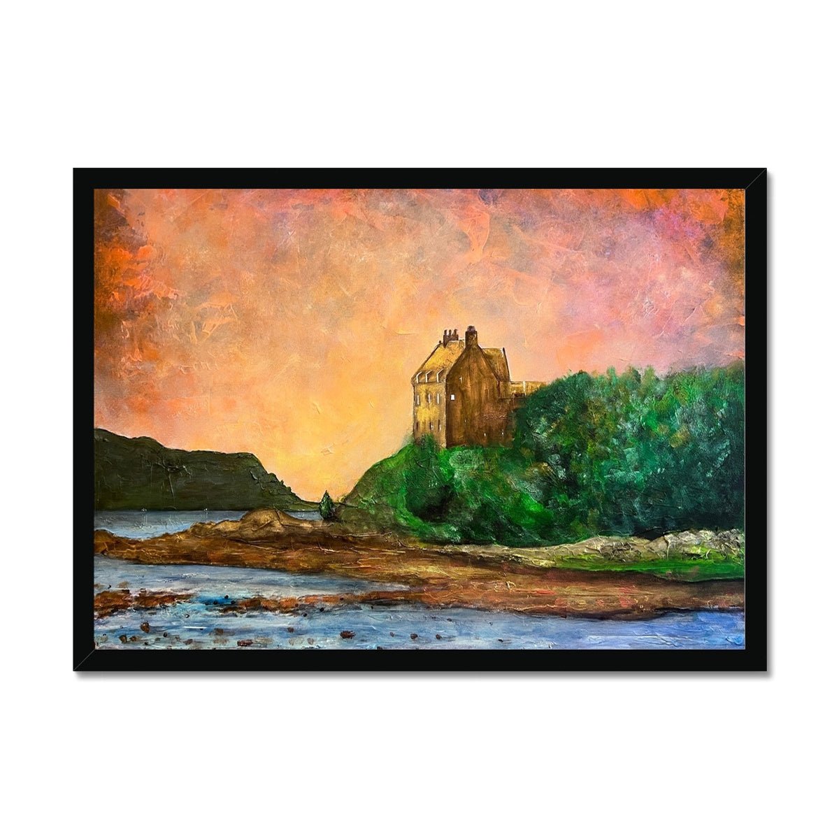 Duntrune Castle Painting | Framed Prints From Scotland-Framed Prints-Historic & Iconic Scotland Art Gallery-A2 Landscape-Black Frame-Paintings, Prints, Homeware, Art Gifts From Scotland By Scottish Artist Kevin Hunter