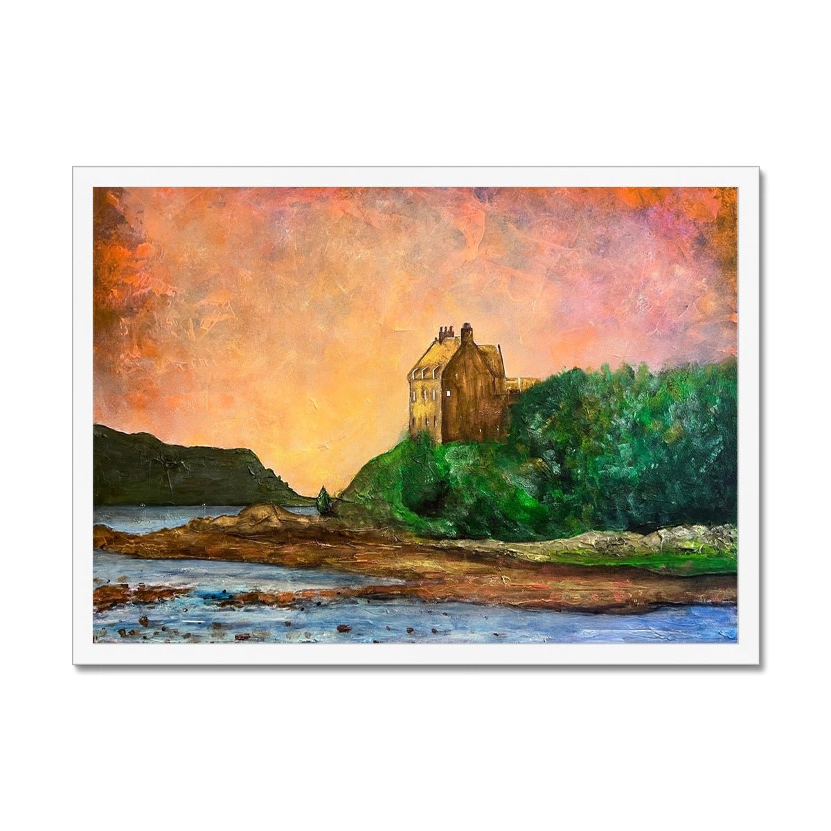 Duntrune Castle Painting | Framed Prints From Scotland-Framed Prints-Historic & Iconic Scotland Art Gallery-A2 Landscape-White Frame-Paintings, Prints, Homeware, Art Gifts From Scotland By Scottish Artist Kevin Hunter