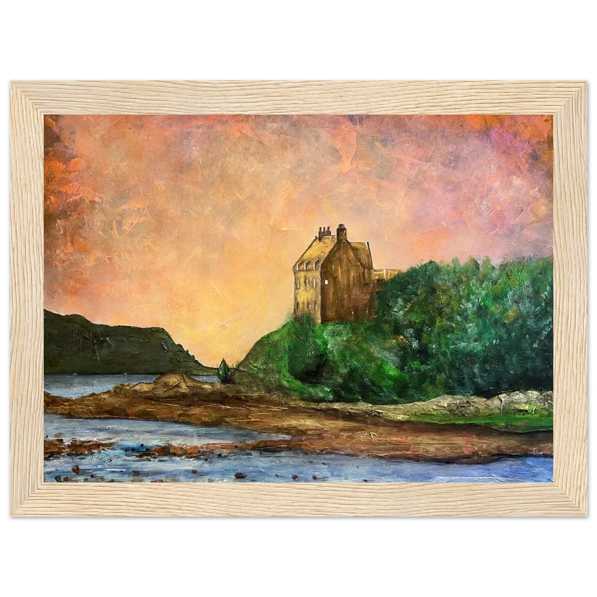 Duntrune Castle painting: historic stone castle on green hillside at sunset