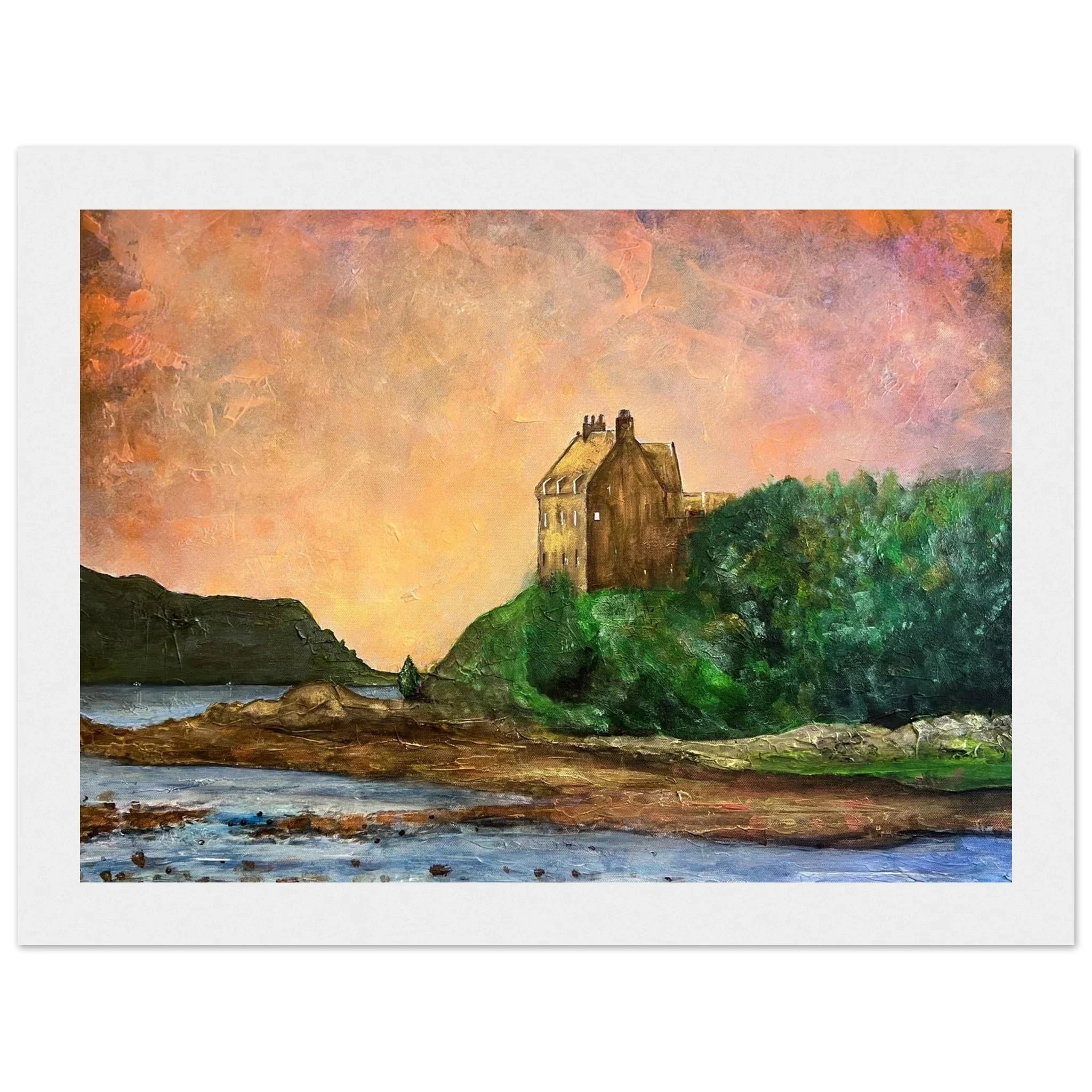 Rustic Duntrune Castle on green Scottish hillside at sunset
