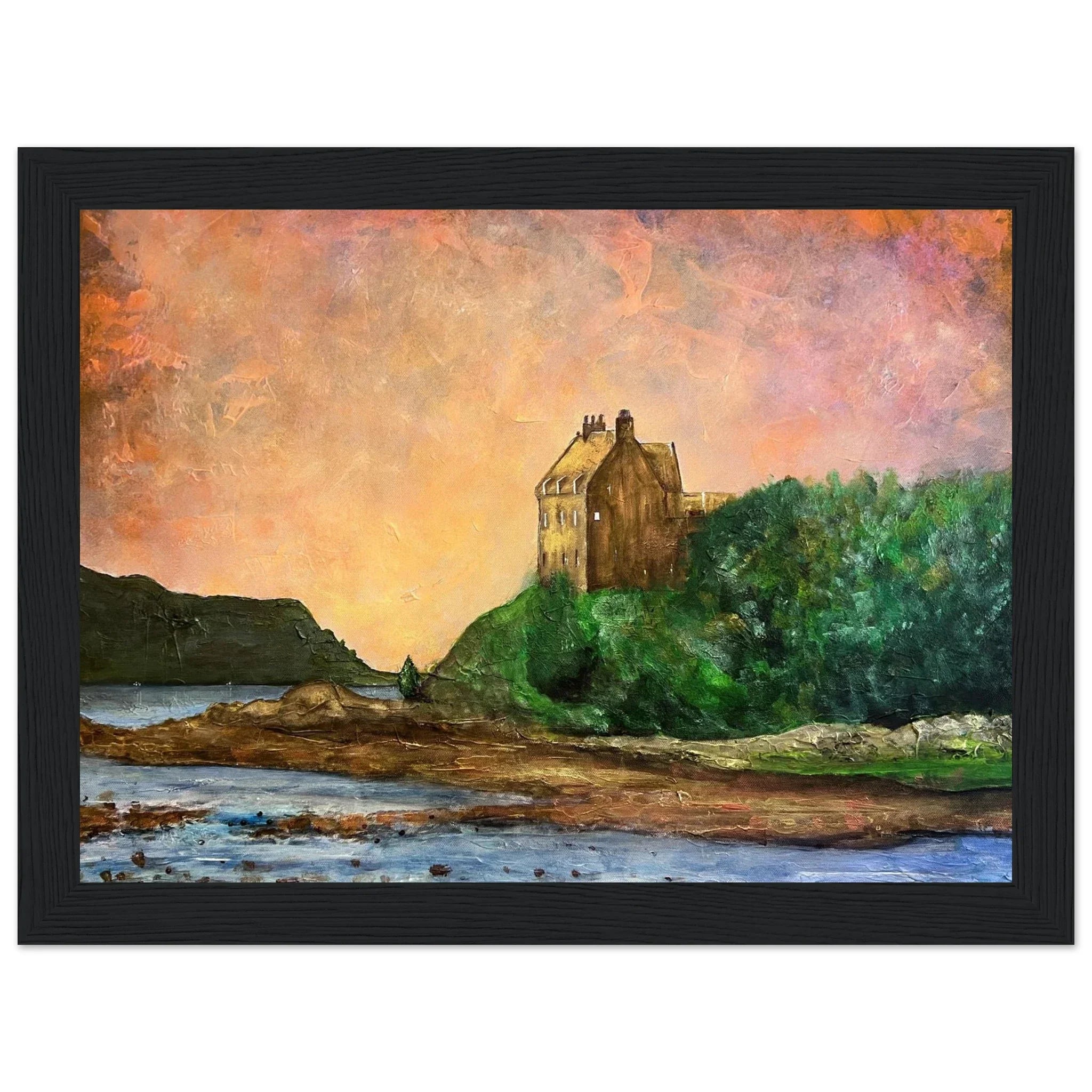 Framed Duntrune Castle painting: historic stone castle on green hillside at sunset