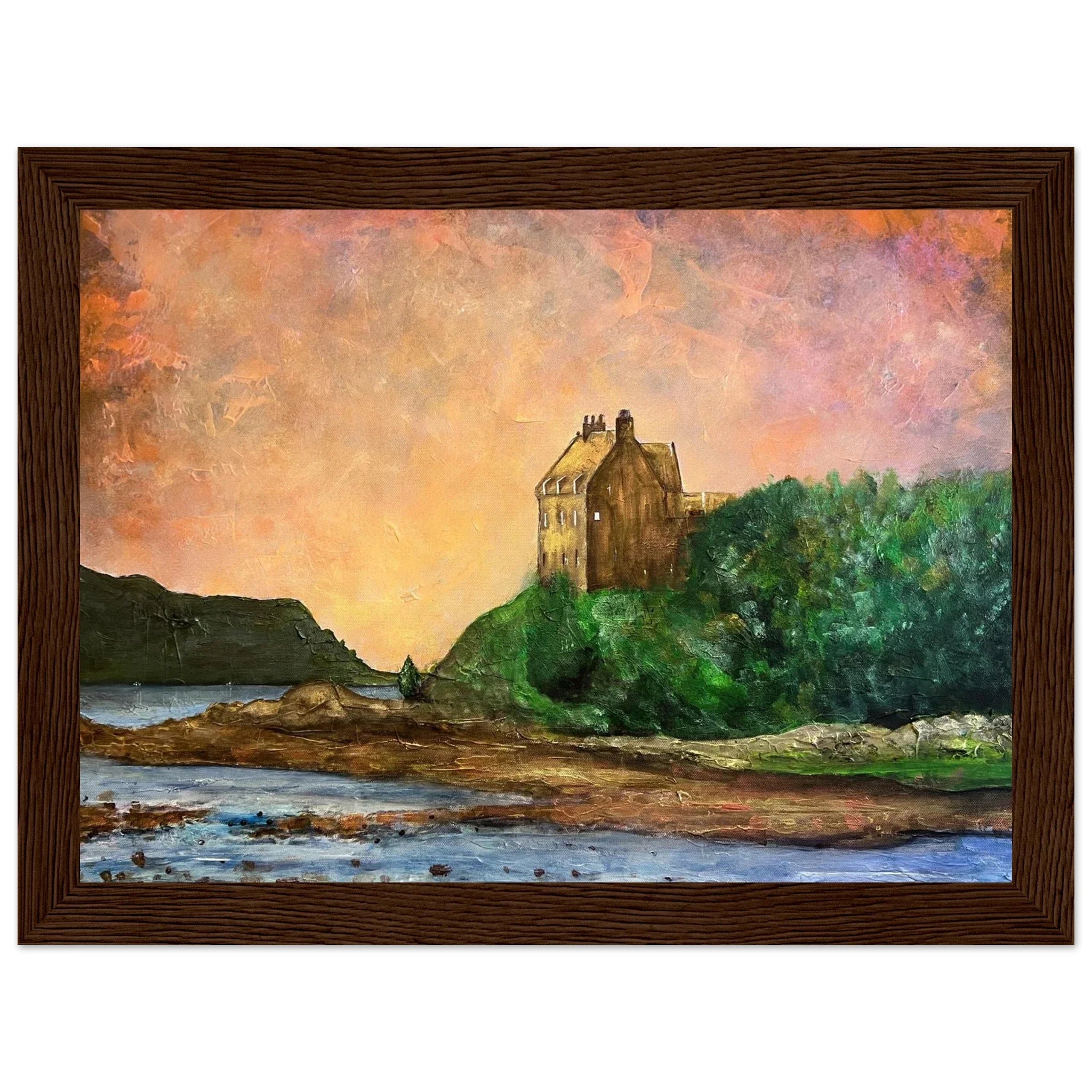 Duntrune Castle painting: historic stone fortress on green hillside at sunset