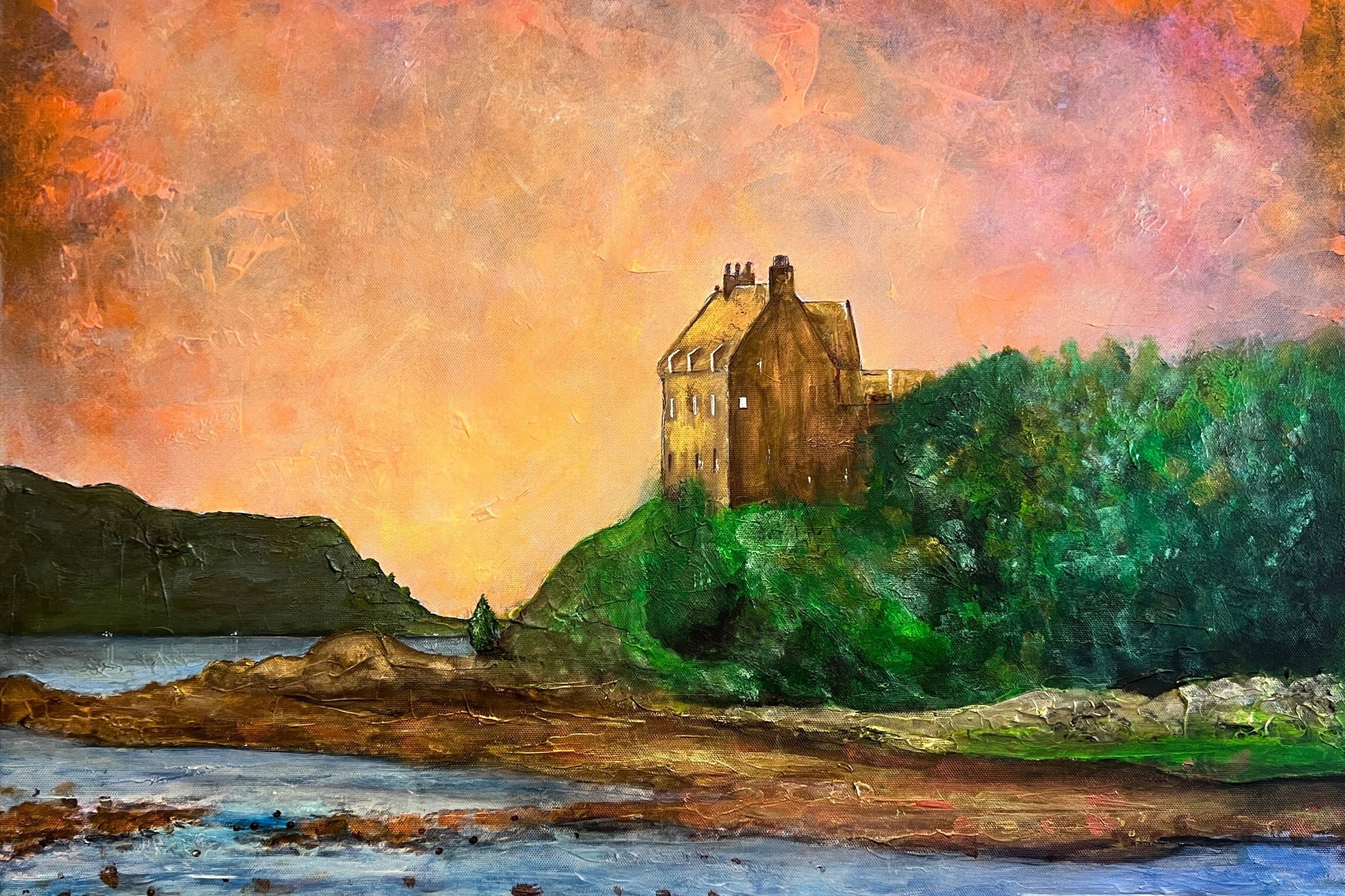 Painting of Duntrune Castle on a hill by water at sunset for Scottish interior decor