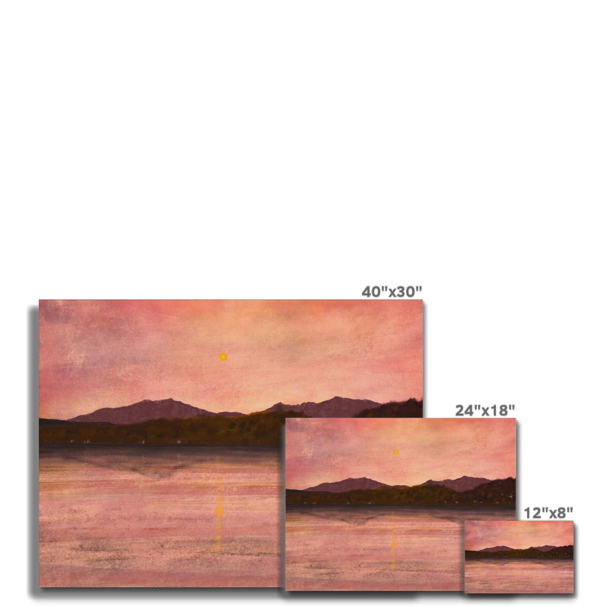 40x30 inch Dusk Over Arran & Bute canvas print of serene sunset mountains and waters in pastel pink, orange, purple hues