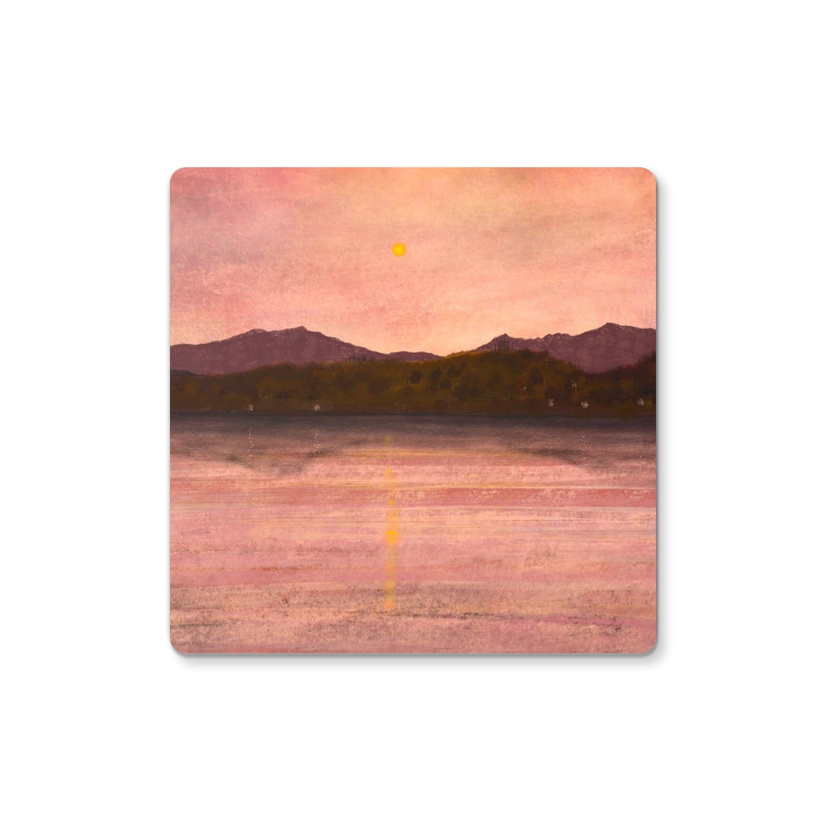 Pink and yellow abstract Dusk Over Arran & Bute landscape coaster with texture