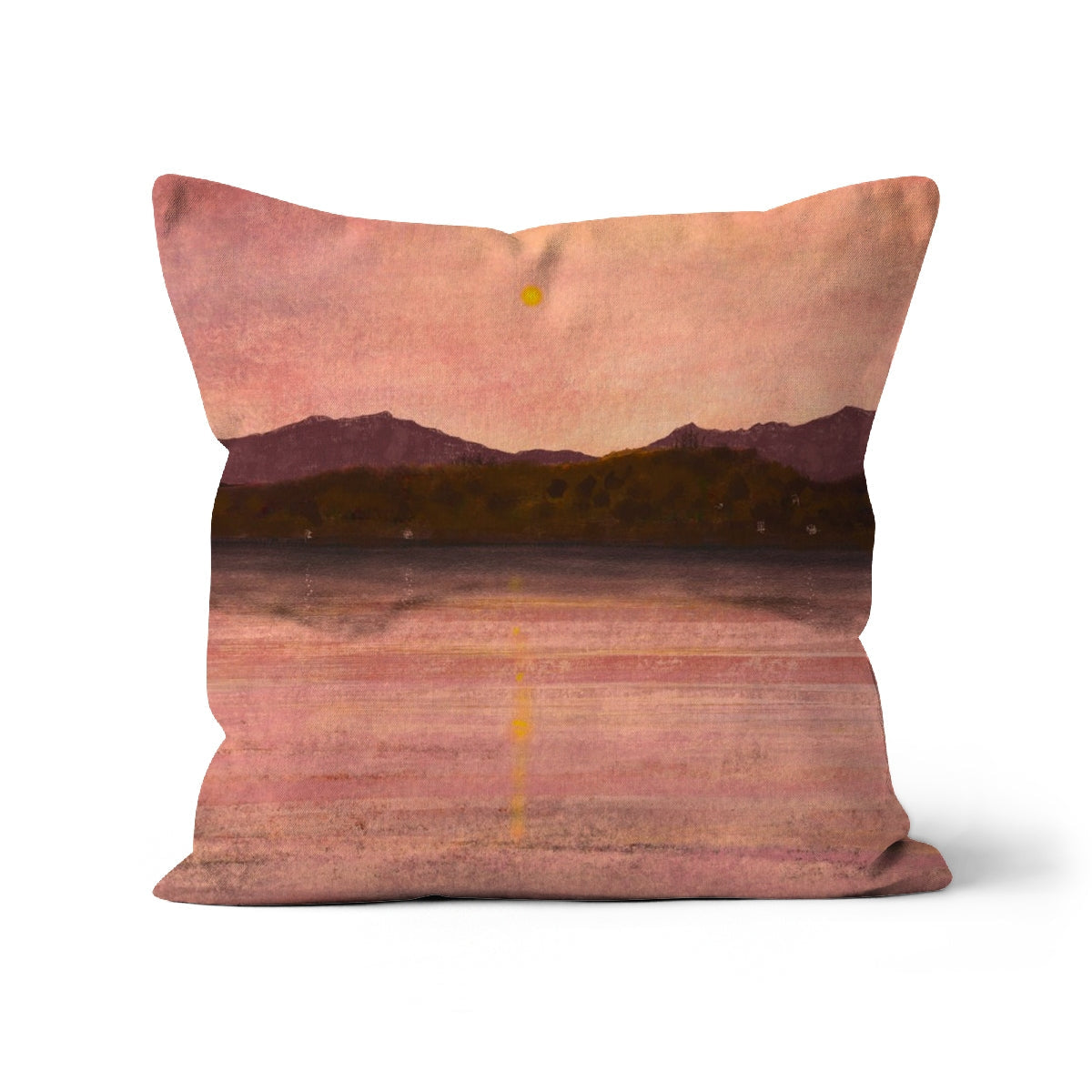 Dusk Over Arran & Bute rose-colored velvet cushion with mountain sunset design