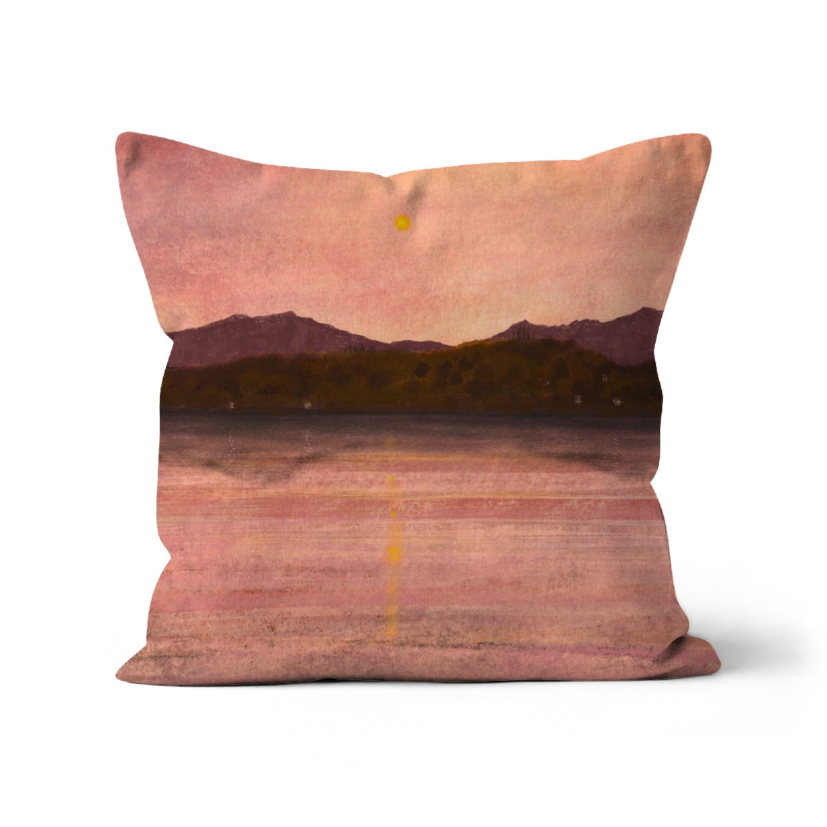Rose-colored velvet Dusk Over Arran & Bute cushion with echino sunset mountains