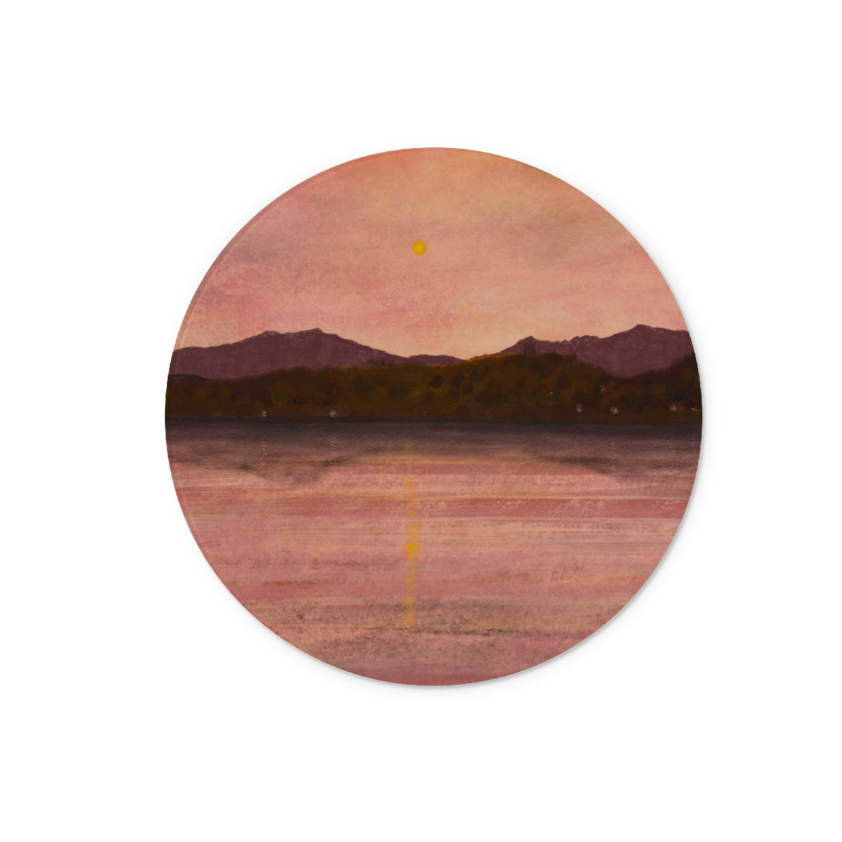 Round desert landscape sticker on Dusk Over Arran & Bute chopping board