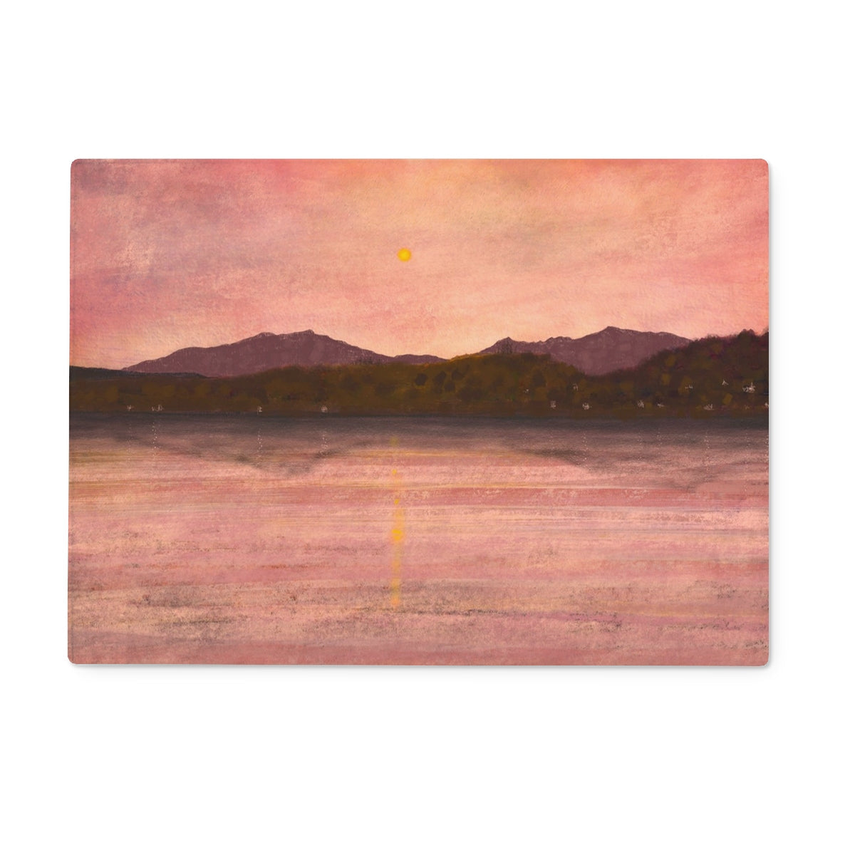 Pink orange sunset mountains on Dusk Over Arran & Bute glass chopping board