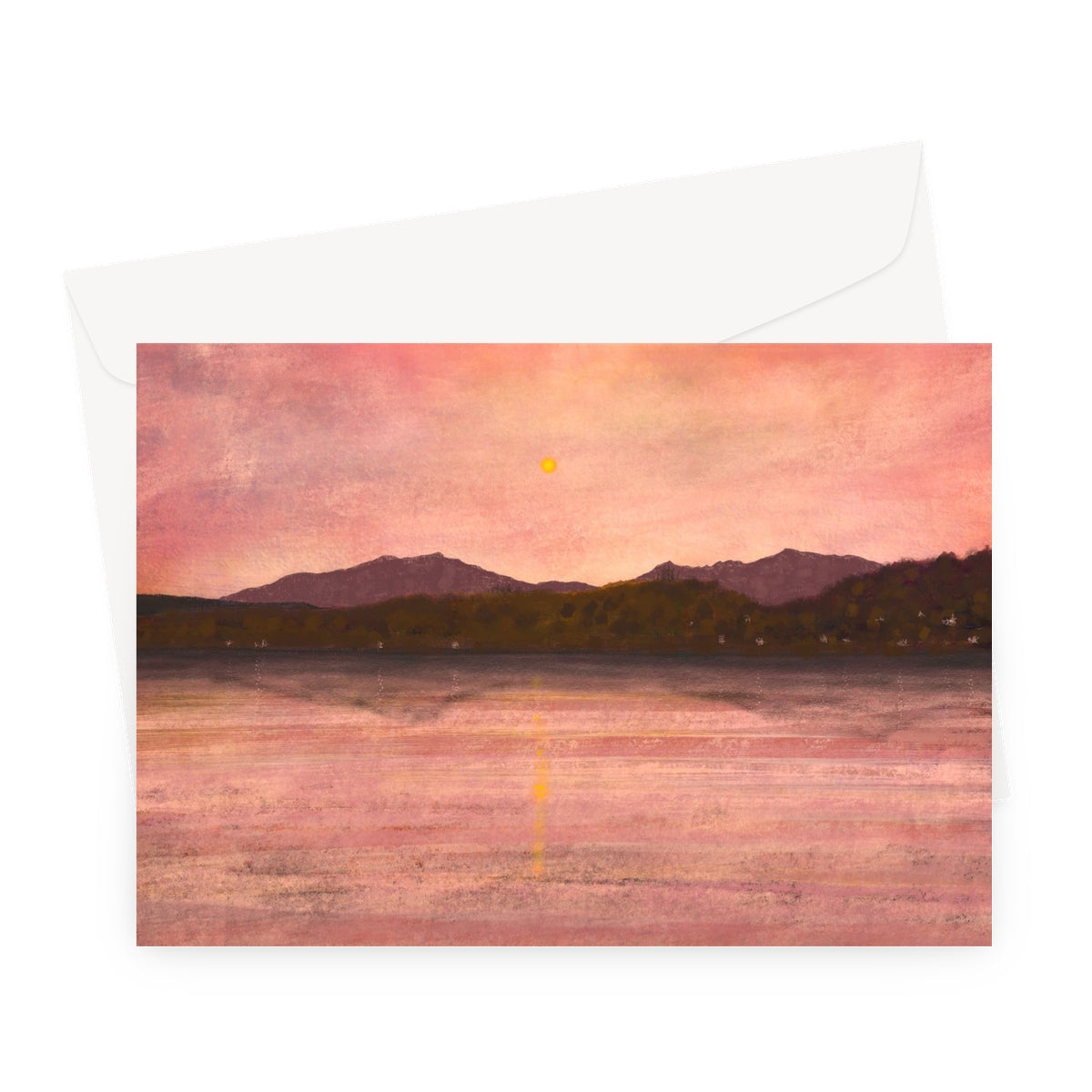 Pink watercolor sunset greeting card with Arran and Bute landscape