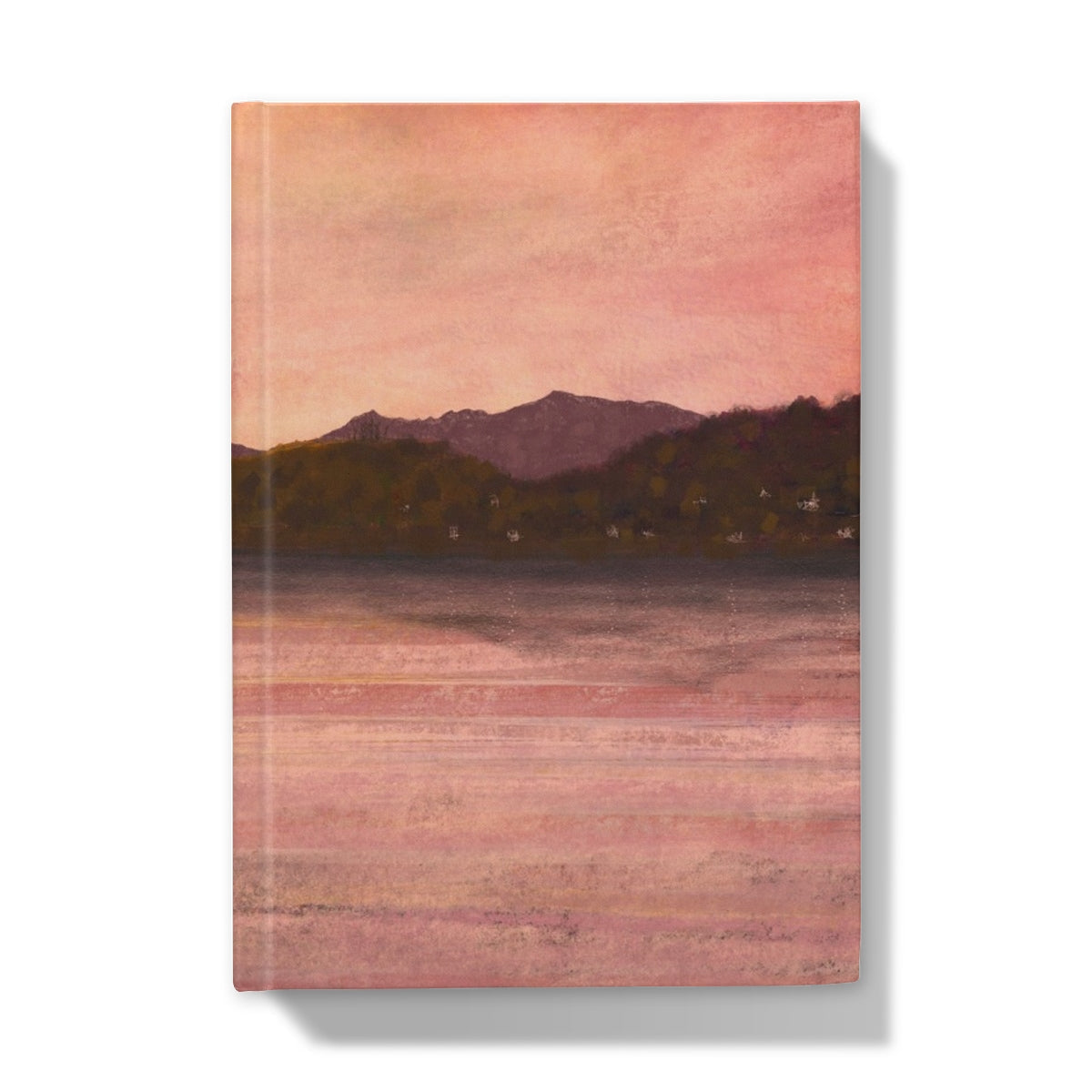 Pink and brown abstract landscape journal cover with Arran and Bute mountain silhouette