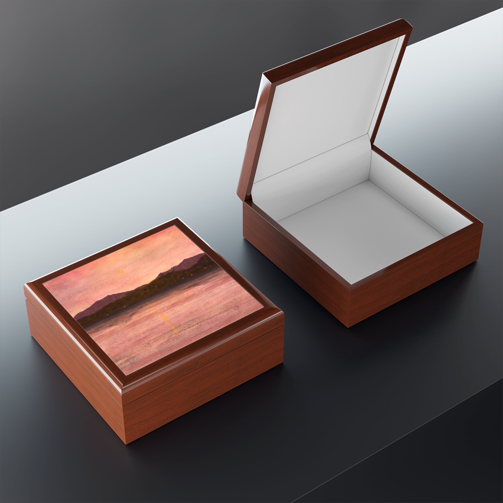 Dusk Over Arran & Bute wooden jewellery box with sunset lid, open view