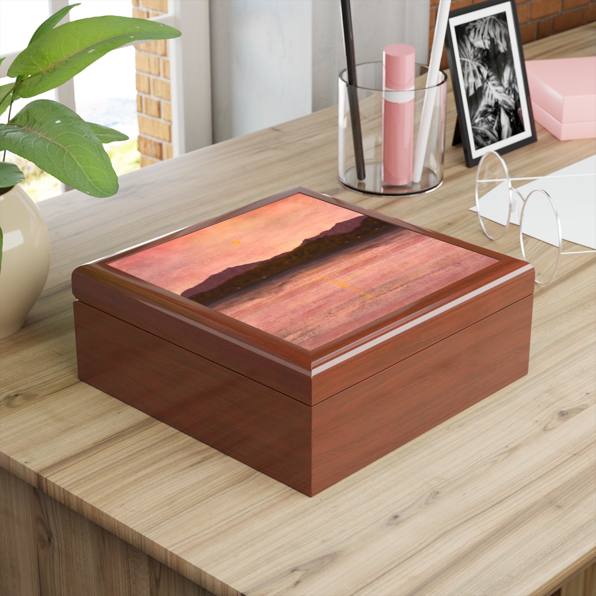 Dusk over Arran and Bute glossy wooden jewellery box with sunset lid