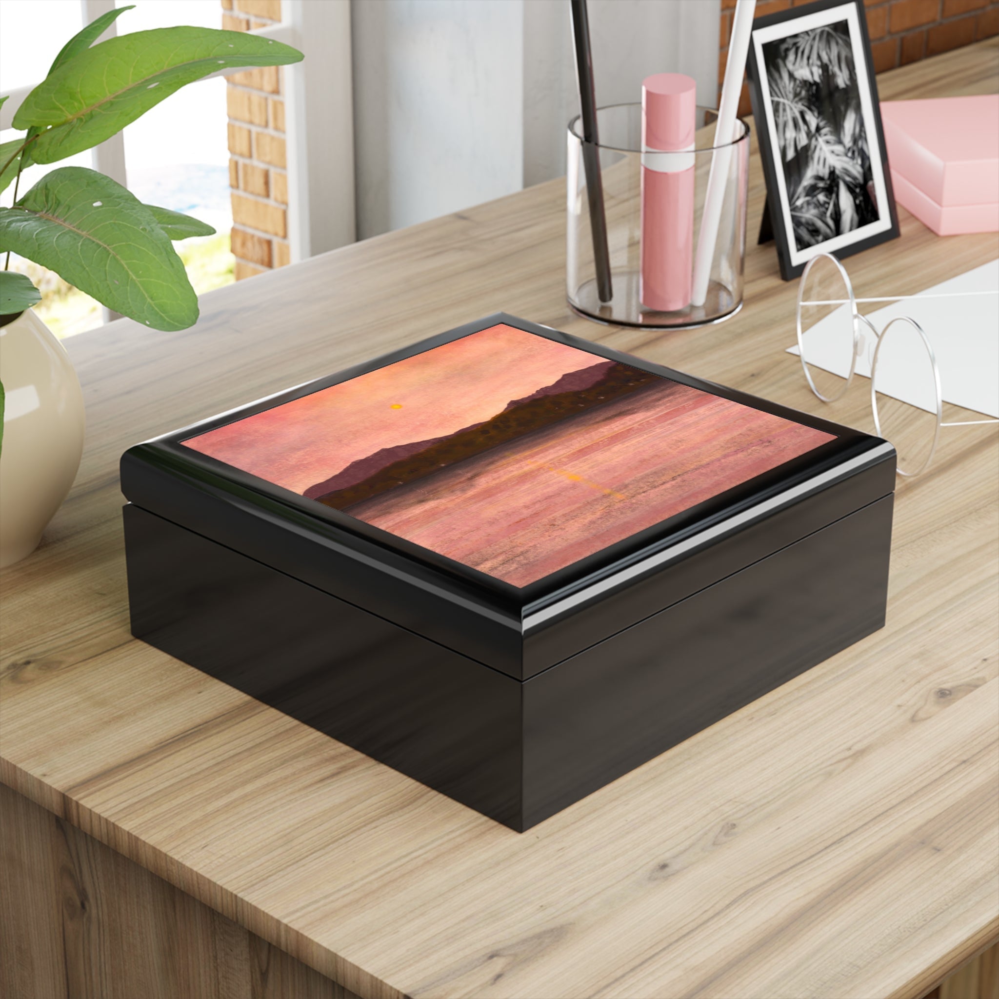 Dusk Over Arran & Bute black jewellery box with sunset lid