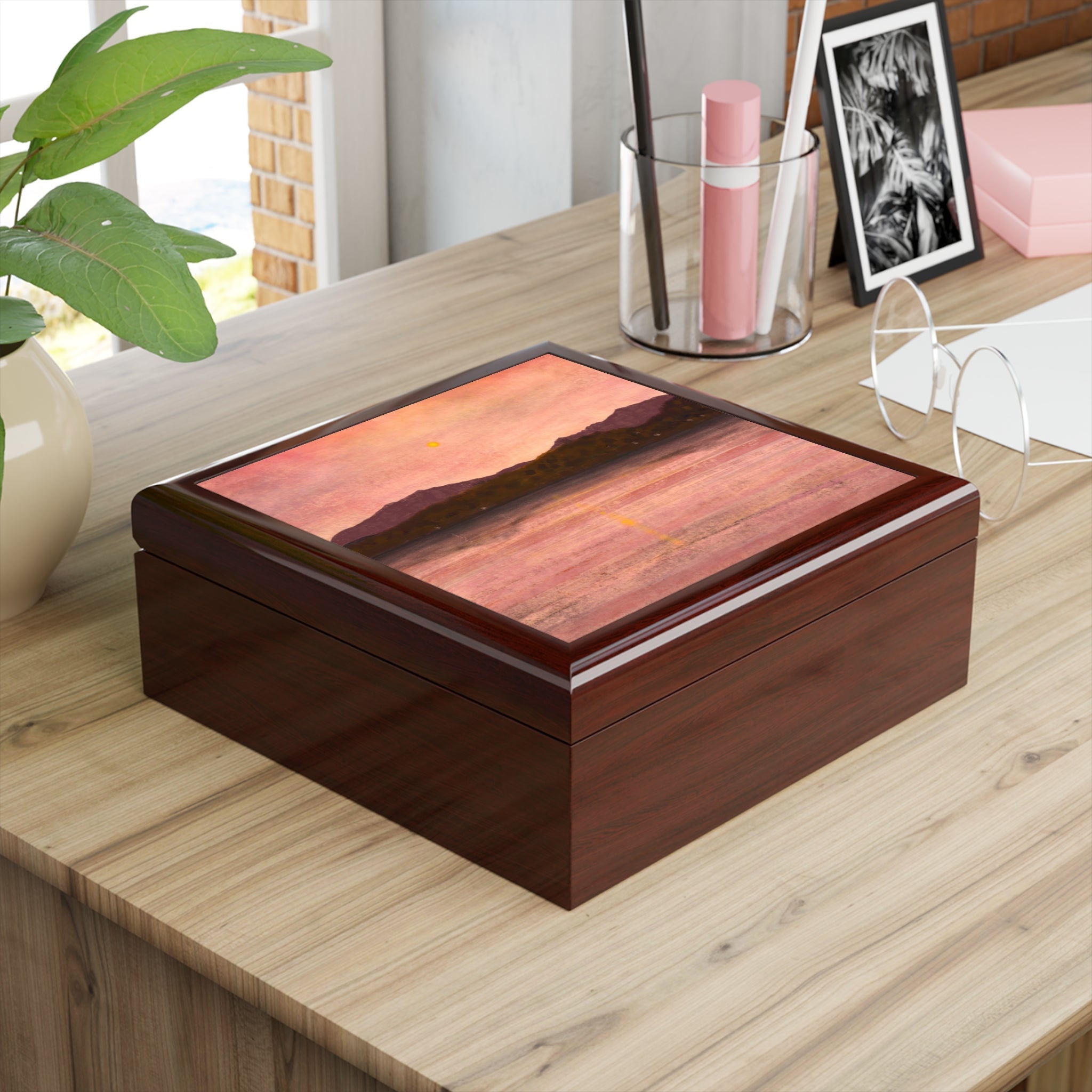 Dusk Over Arran & Bute glossy wooden jewelry box with sunset lid