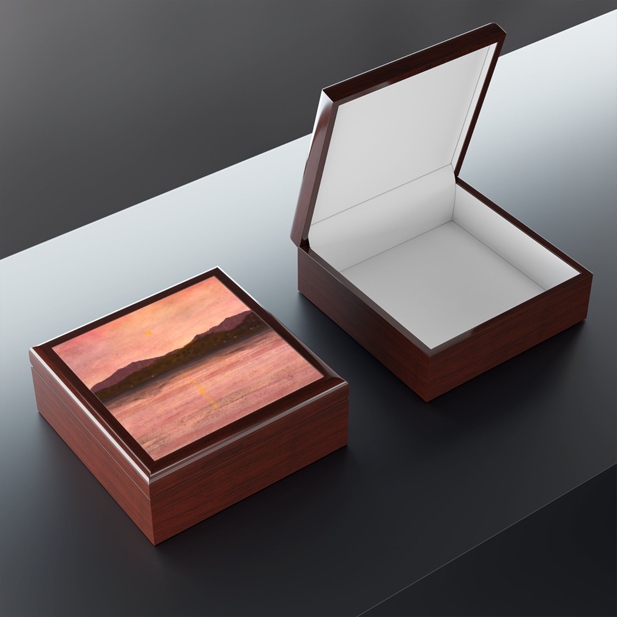 Dusk Over Arran & Bute jewellery box with sunset over water lid image