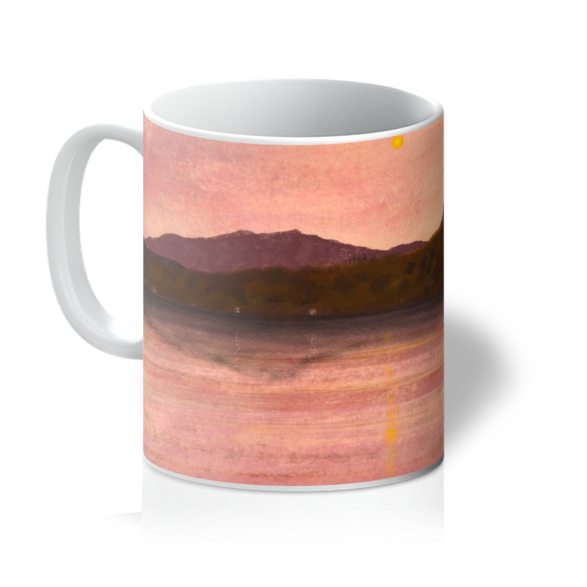 Ceramic Dusk Over Arran & Bute Mug with sunset landscape in pink and orange hues
