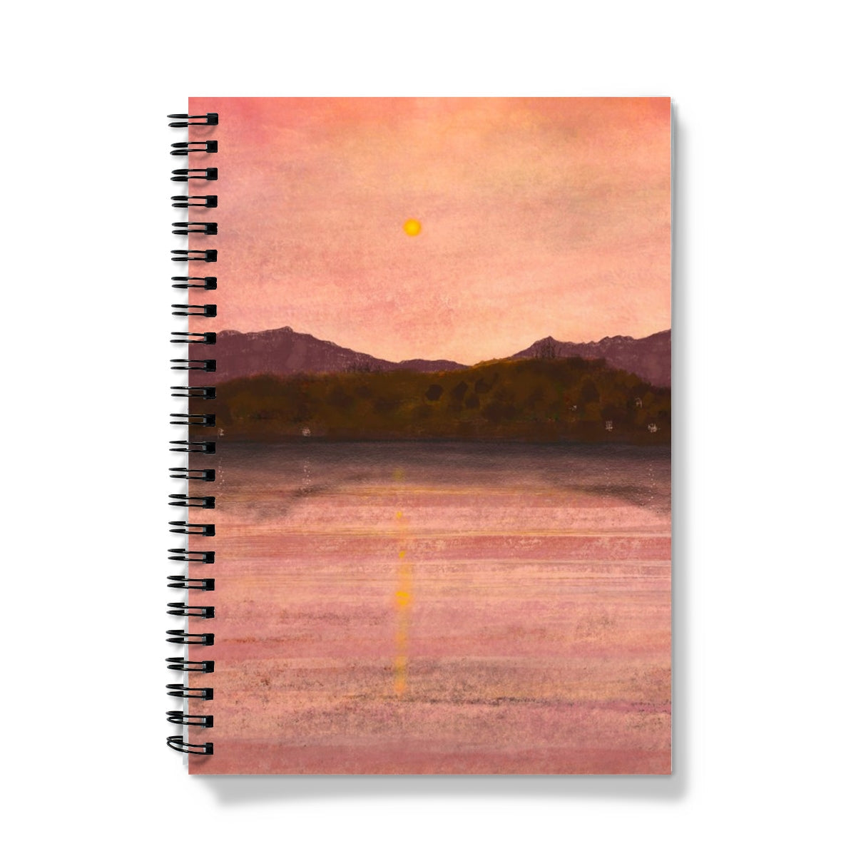Spiral-bound Dusk Over Arran & Bute notebook with sunset beach cover