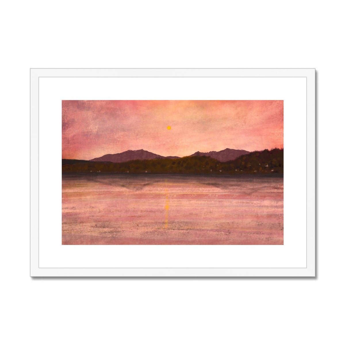 Dusk Over Arran & Bute Painting | Framed & Mounted Prints From Scotland-Framed & Mounted Prints-Arran Art Gallery-A2 Landscape-White Frame-Paintings, Prints, Homeware, Art Gifts From Scotland By Scottish Artist Kevin Hunter