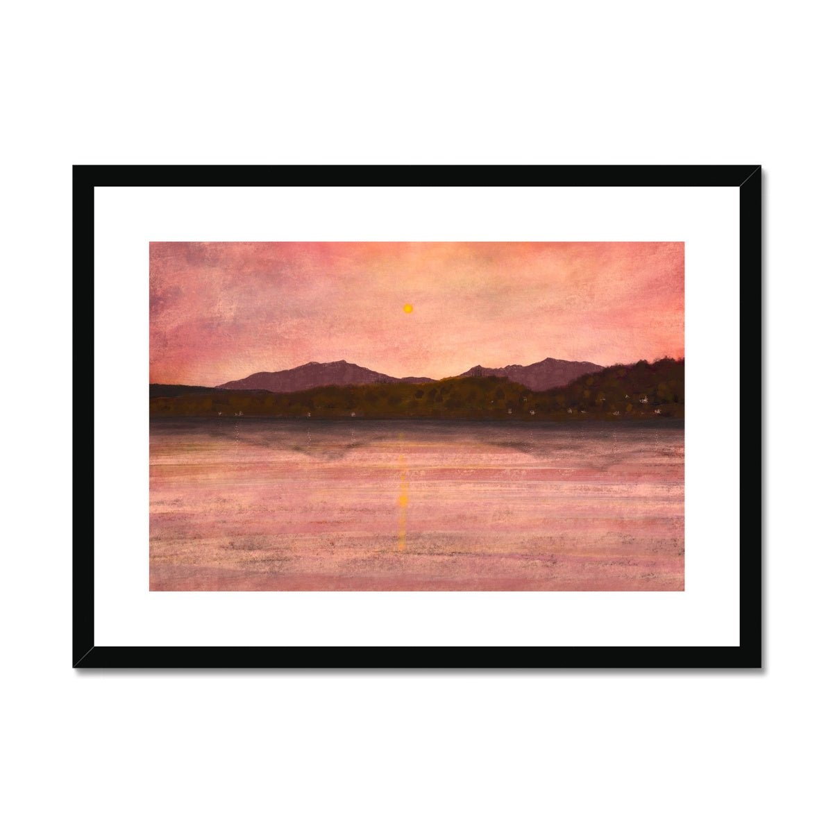 Dusk Over Arran & Bute Painting | Framed & Mounted Prints From Scotland-Framed & Mounted Prints-Arran Art Gallery-A2 Landscape-Black Frame-Paintings, Prints, Homeware, Art Gifts From Scotland By Scottish Artist Kevin Hunter