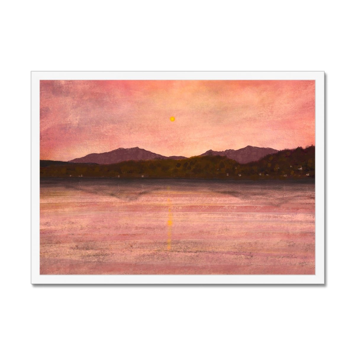 Dusk Over Arran & Bute Painting | Framed Prints From Scotland-Framed Prints-Arran Art Gallery-A2 Landscape-White Frame-Paintings, Prints, Homeware, Art Gifts From Scotland By Scottish Artist Kevin Hunter
