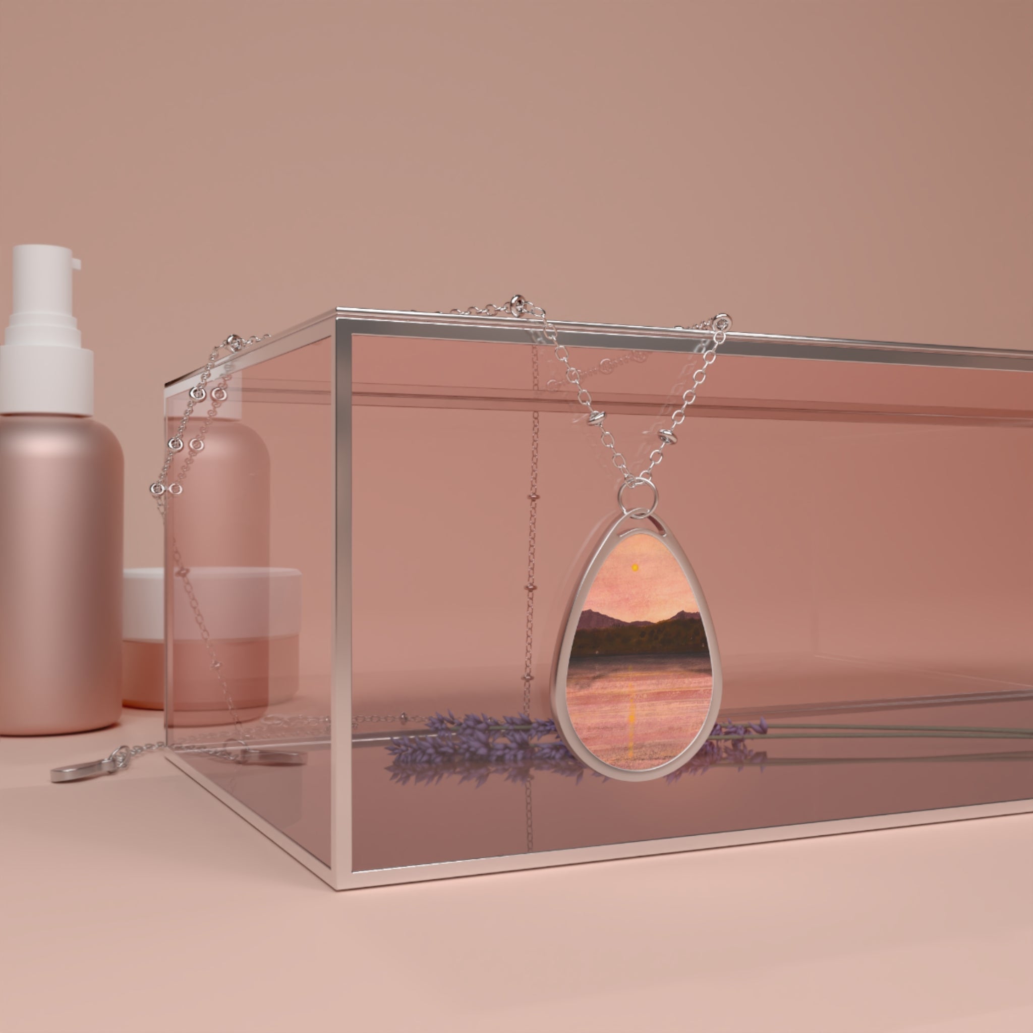 Silver teardrop pendant necklace with Dusk Over Arran & Bute sunset print