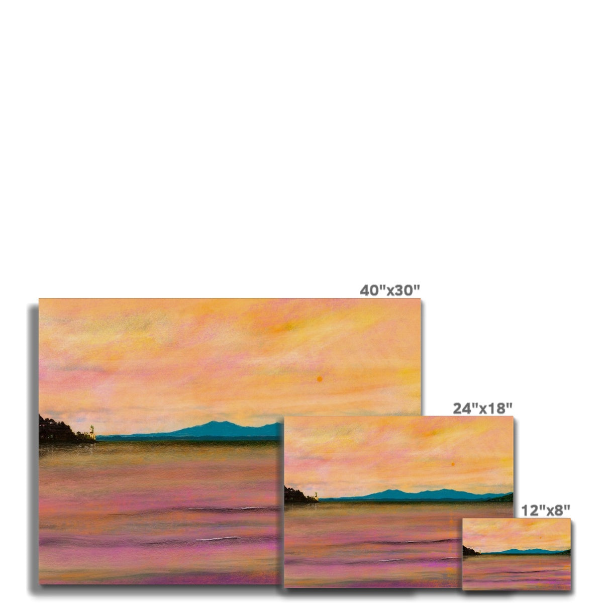 Set of three landscape canvas paintings featuring sunset over water and distant mountains