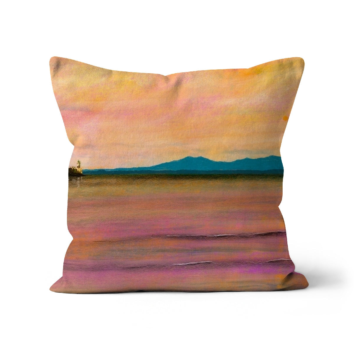 Decorative throw pillow featuring an impressionistic sunset beach scene for Dusk Over Arran & The Cloch Cushion