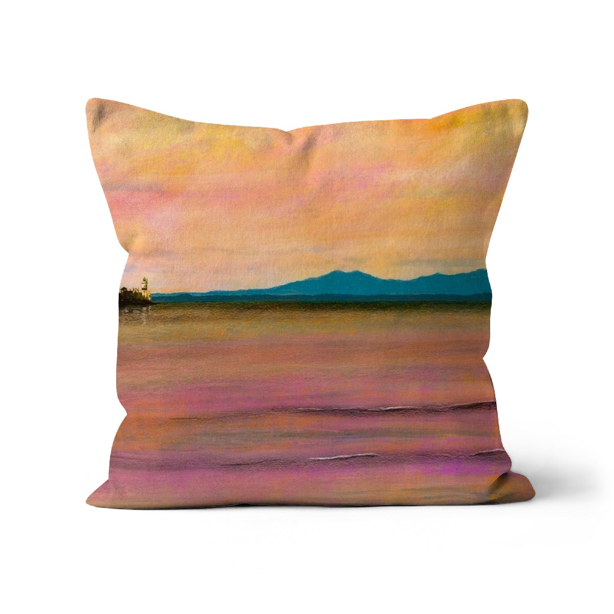 Square throw pillow with painterly sunset landscape design over water and mountains