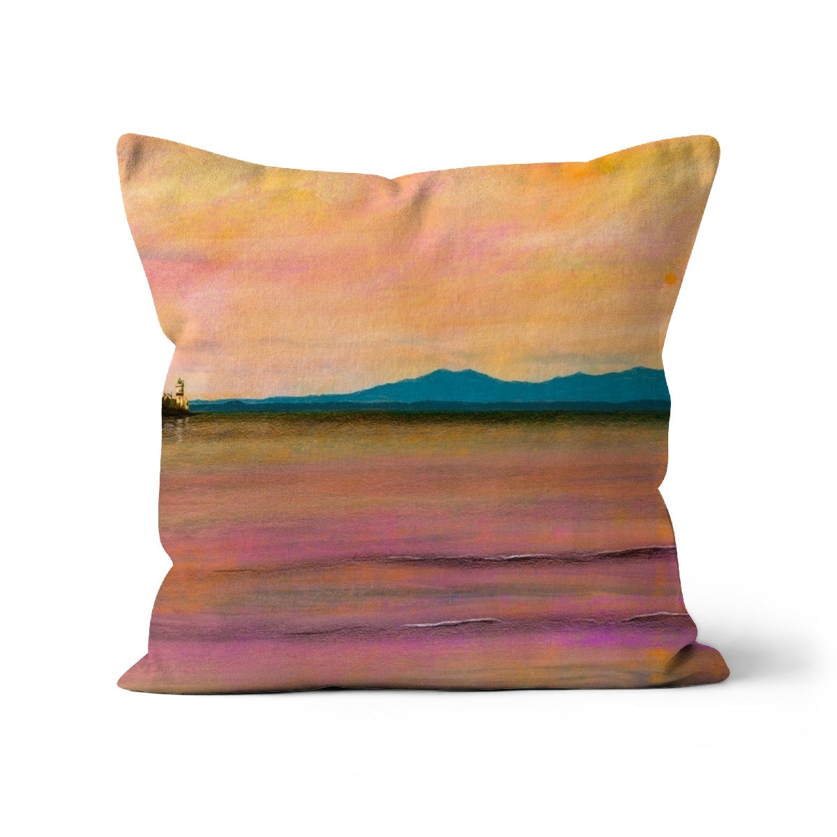 Decorative throw pillow with abstract landscape painting of pink and orange sky over water