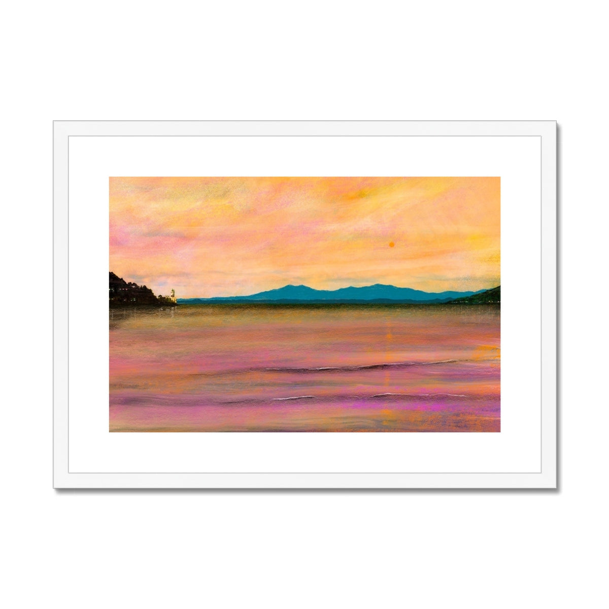 Framed landscape print featuring vibrant sky, distant mountains, and a water body