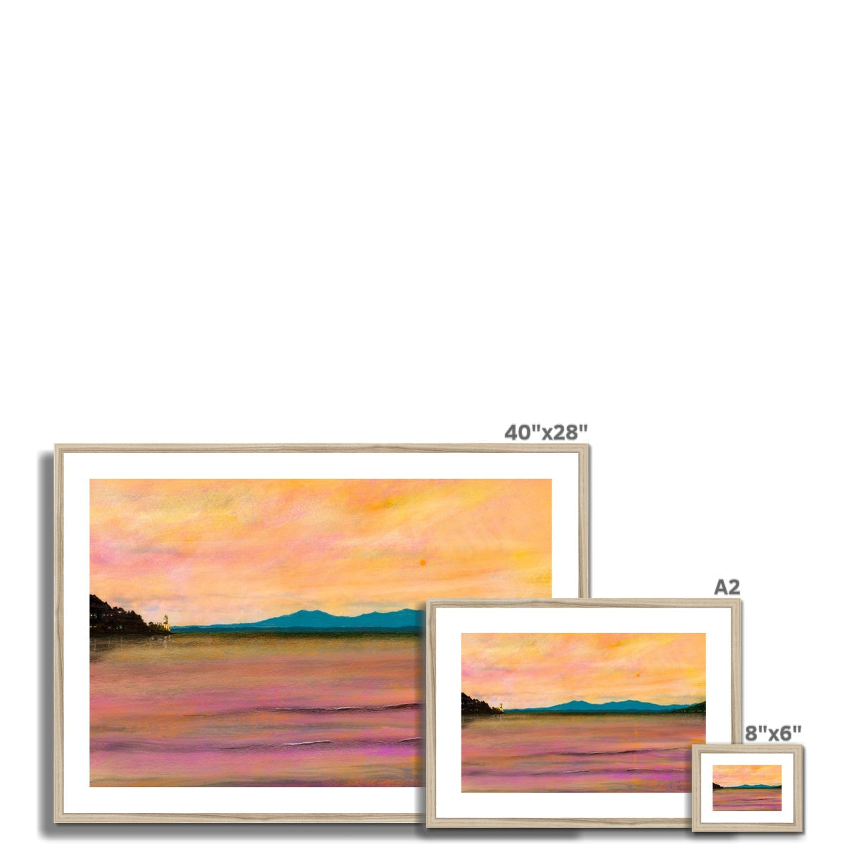 Set of three framed landscape prints including Dusk Over Arran and The Cloch displayed together