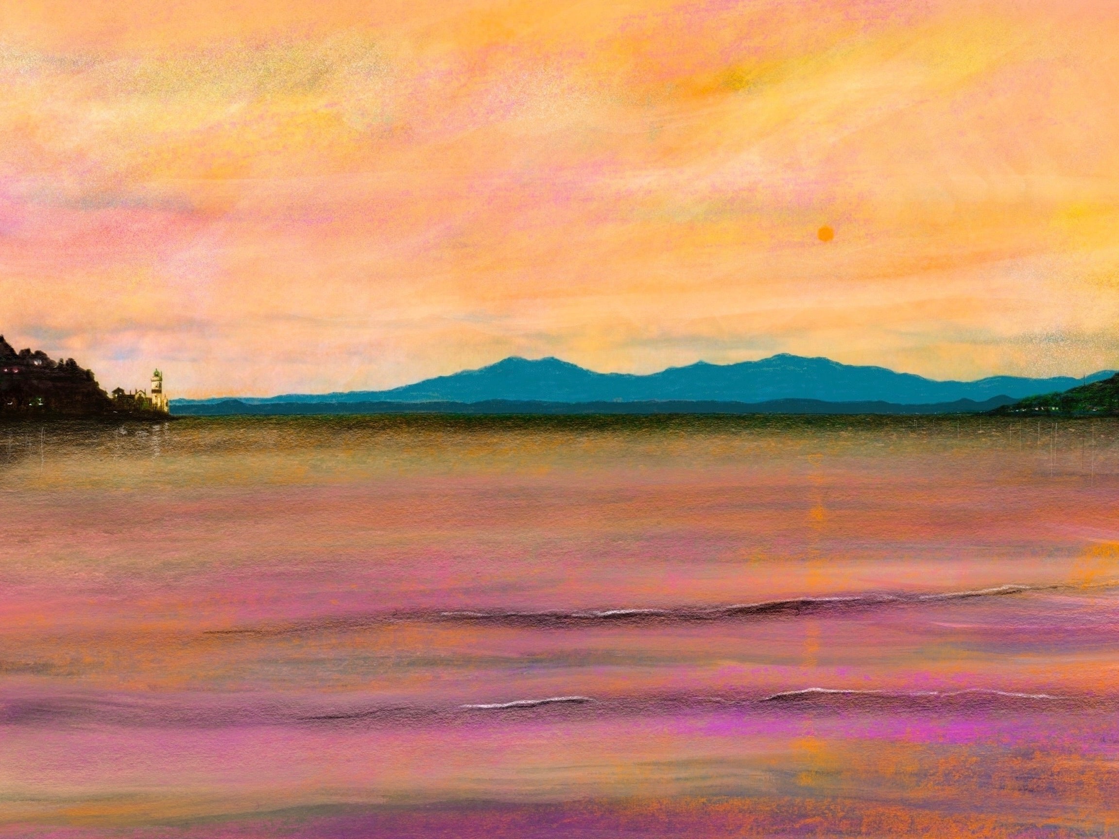 Impressionistic seascape painting titled Dusk Over Arran And The Cloch Original Painting