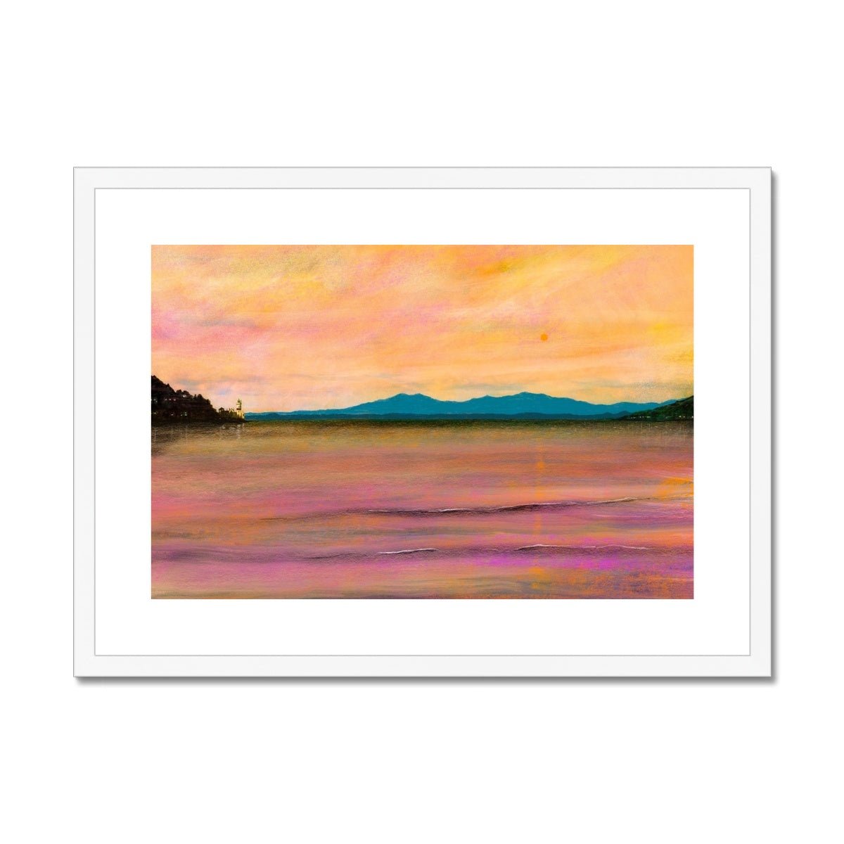 Dusk Over Arran & The Cloch Lighthouse Painting | Framed & Mounted Prints From Scotland-Framed & Mounted Prints-Arran Art Gallery-A2 Landscape-White Frame-Paintings, Prints, Homeware, Art Gifts From Scotland By Scottish Artist Kevin Hunter
