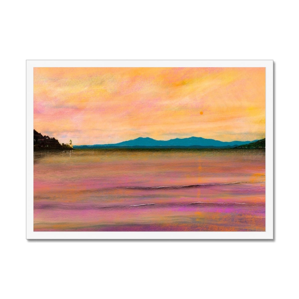 Dusk Over Arran & The Cloch Lighthouse Painting | Framed Prints From Scotland-Framed Prints-Arran Art Gallery-A2 Landscape-White Frame-Paintings, Prints, Homeware, Art Gifts From Scotland By Scottish Artist Kevin Hunter