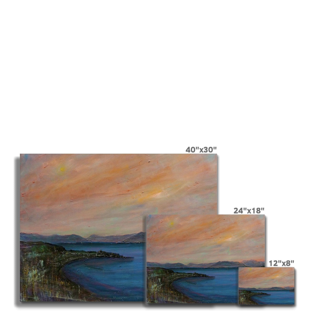 Three oil paintings of a Gourock coastal sunset titled Dusk Over Gourock Canvas